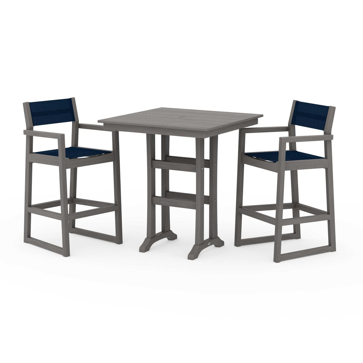 POLYWOOD EDGE Sling Arm Chair 3-Piece Farmhouse Bar Set with Trestle Legs — Driftwood / Navy Blue Sling