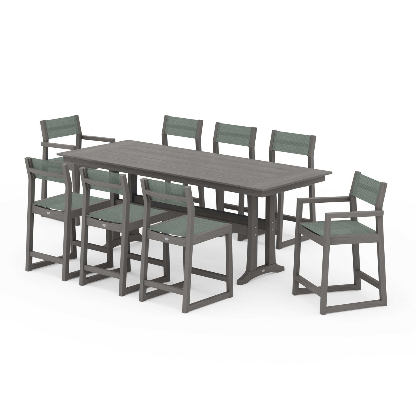 POLYWOOD EDGE Sling 9-Piece Farmhouse Counter Set with Trestle Legs — Driftwood / Dupioni Sea Mist Sling
