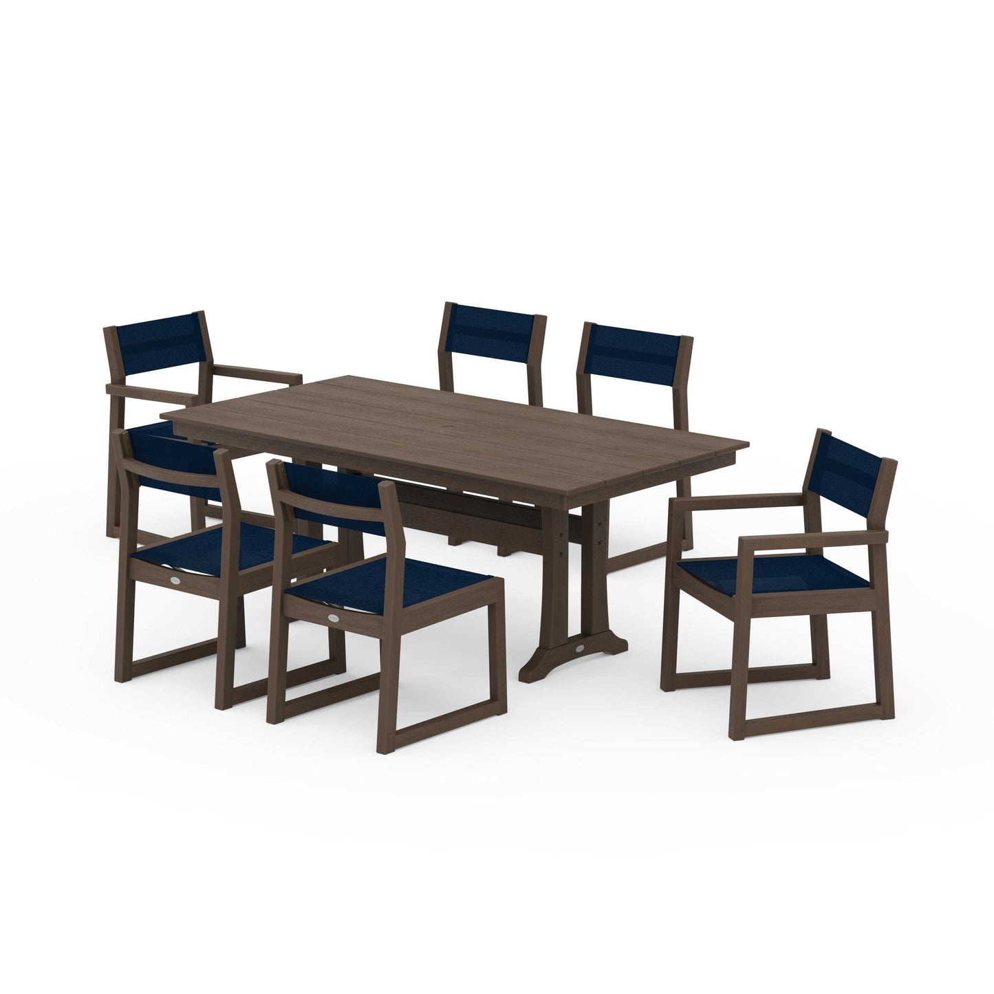 POLYWOOD EDGE Sling 7-Piece Farmhouse Trestle Dining Set — Kona / Navy Blue Sling
