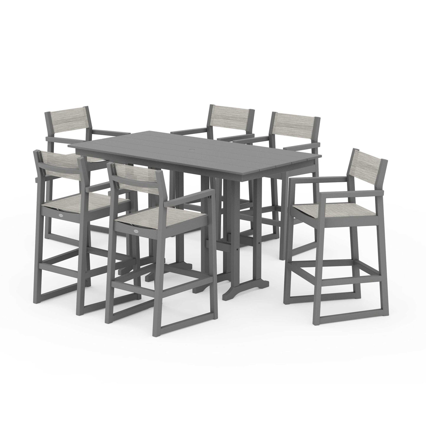 POLYWOOD EDGE Sling Arm Chair 7-Piece Farmhouse Bar Set — Slate Grey / Birch Sling