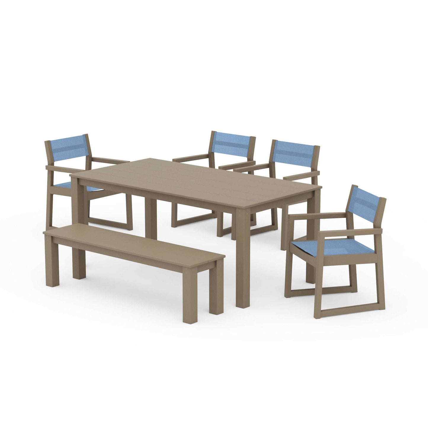 POLYWOOD EDGE Sling Arm Chair 6-Piece Parsons Dining Set with Bench — Vintage Sahara / Poolside Sling