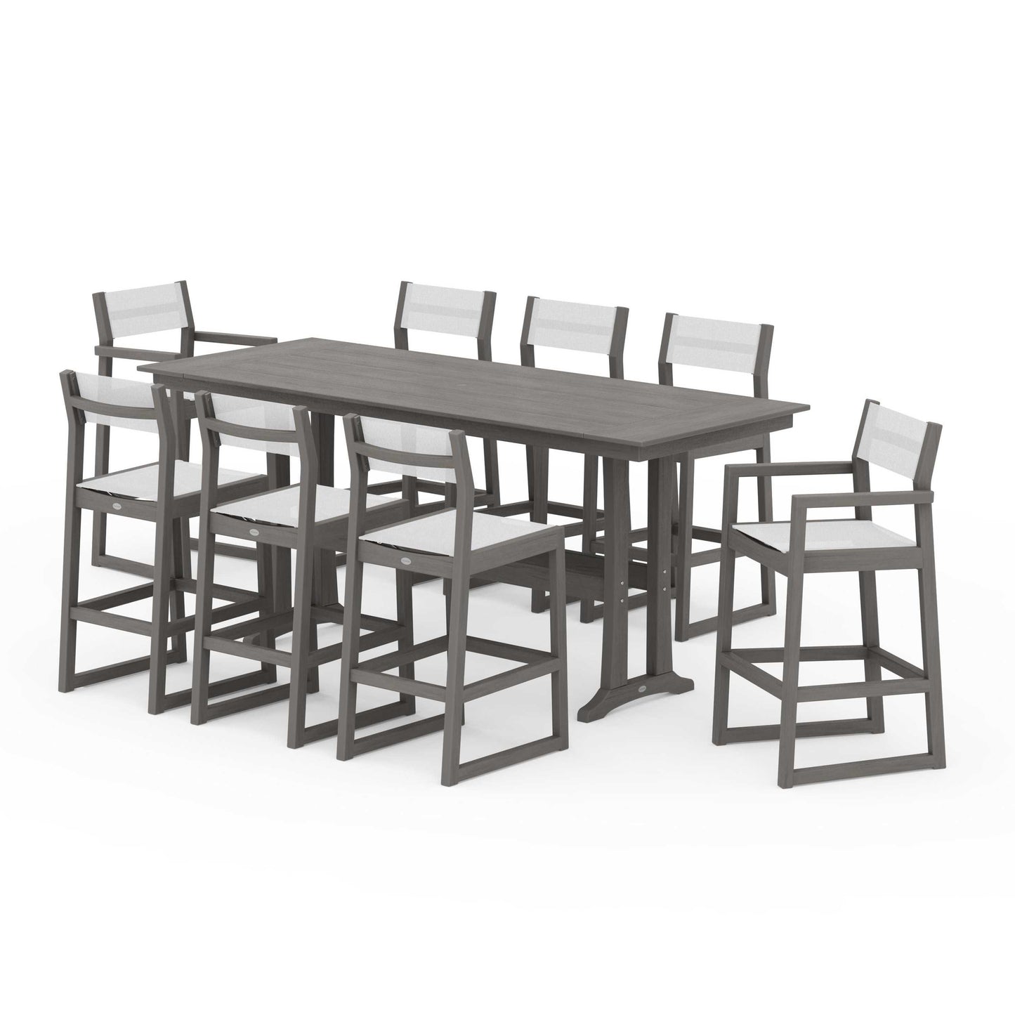 POLYWOOD EDGE Sling 9-Piece Farmhouse Bar Set with Trestle Legs — Driftwood / White Sling