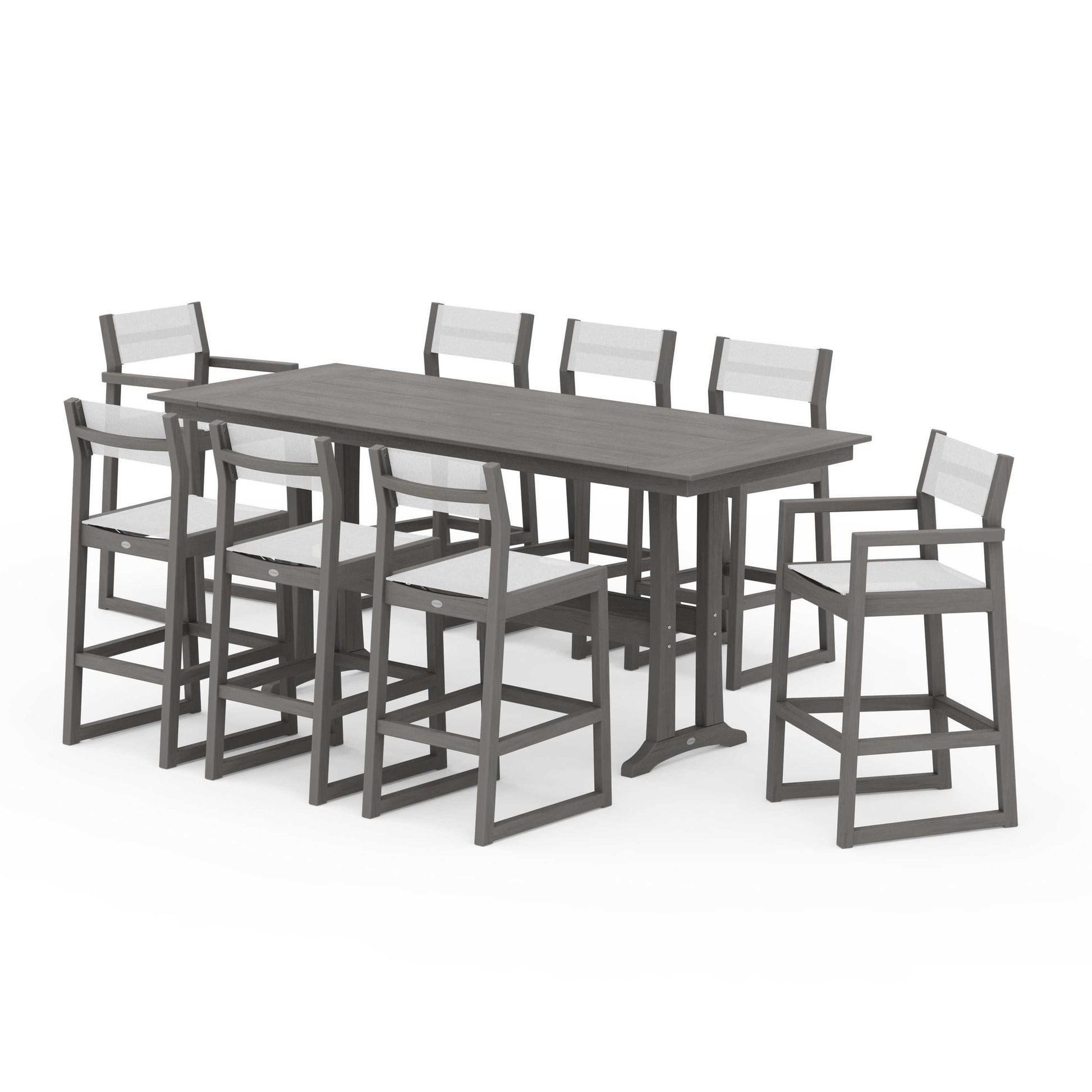 POLYWOOD EDGE Sling 9-Piece Farmhouse Bar Set with Trestle Legs — Driftwood / White Sling