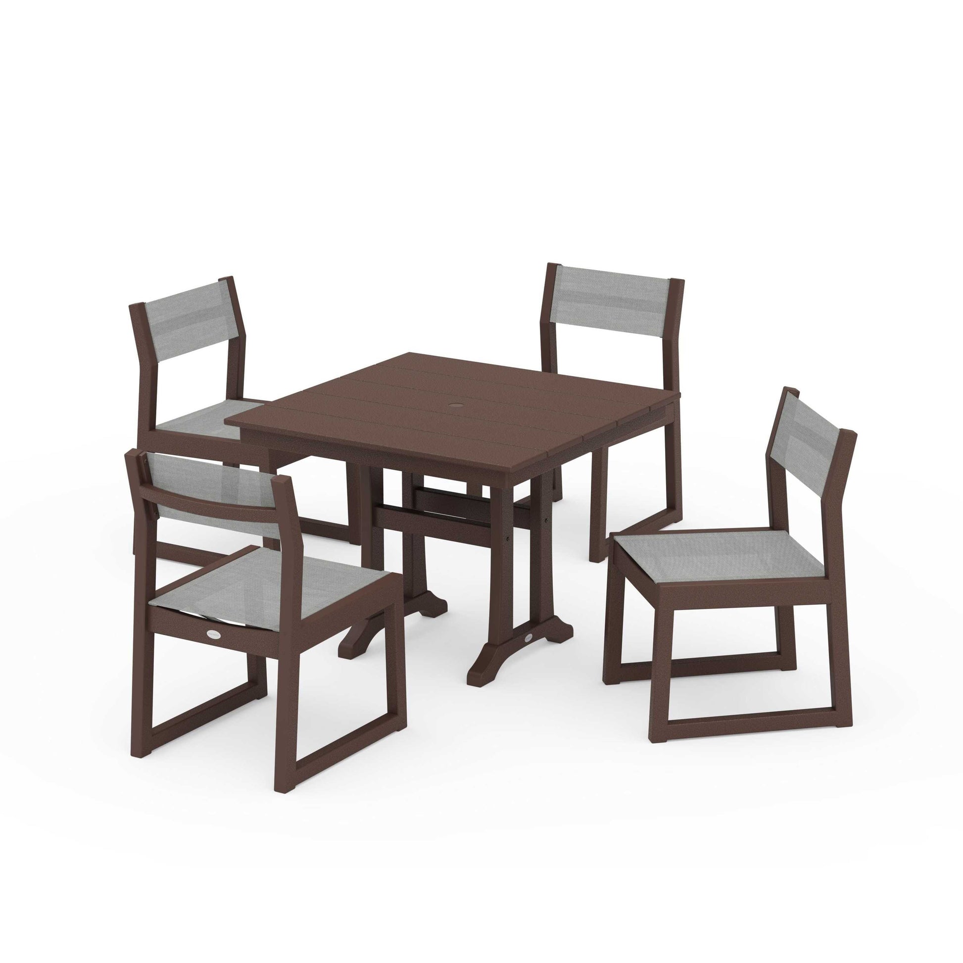 POLYWOOD EDGE Sling 5-Piece Farmhouse Trestle Side Chair Dining Set — Mahogany / Metallic Sling