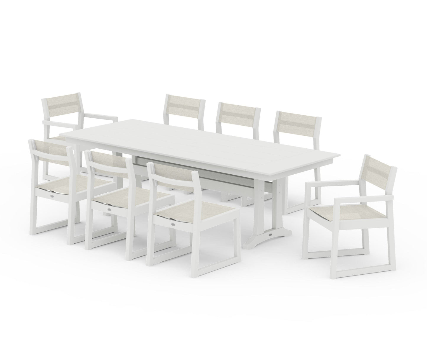 POLYWOOD EDGE Sling 9-Piece Farmhouse Trestle Dining Set — Vintage White / Parchment Sling