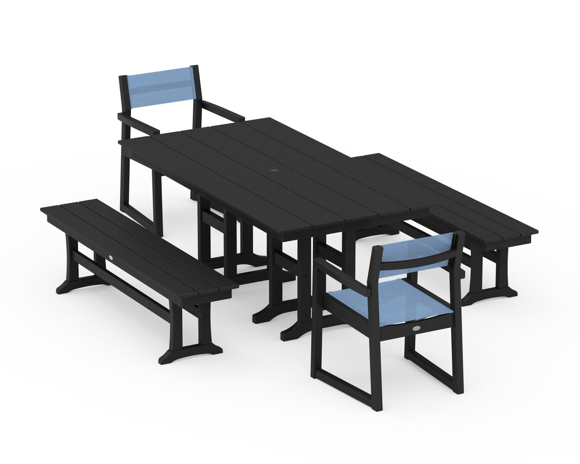 POLYWOOD EDGE Sling Arm Chair 5-Piece Farmhouse Dining Set with Benches — Black / Poolside Sling