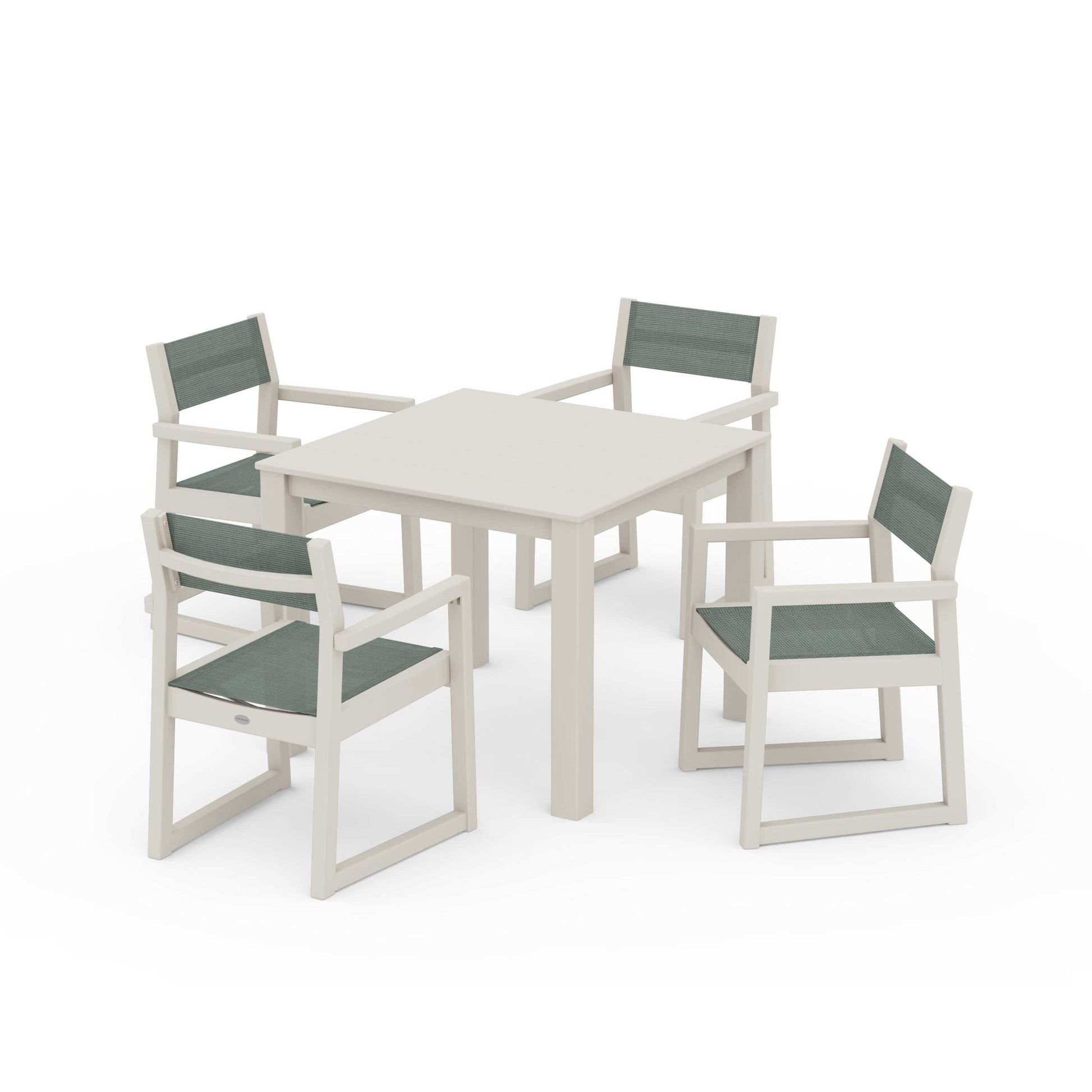POLYWOOD EDGE Sling Arm Chair 5-Piece Parsons Dining Set — Sand / Dupioni Sea Mist Sling