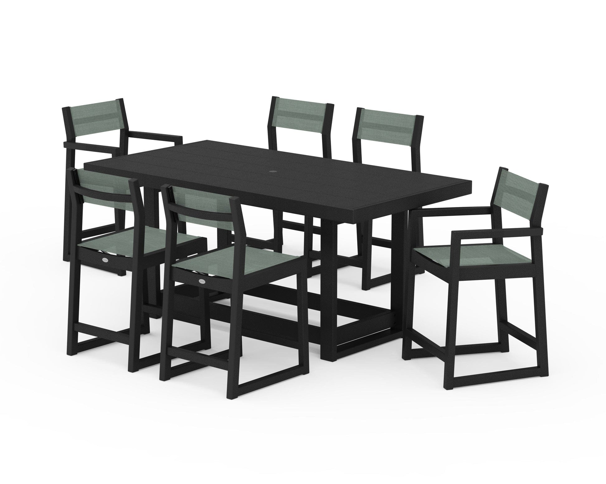POLYWOOD EDGE Sling 7-Piece Counter Table Set — Black / Dupioni Sea Mist Sling