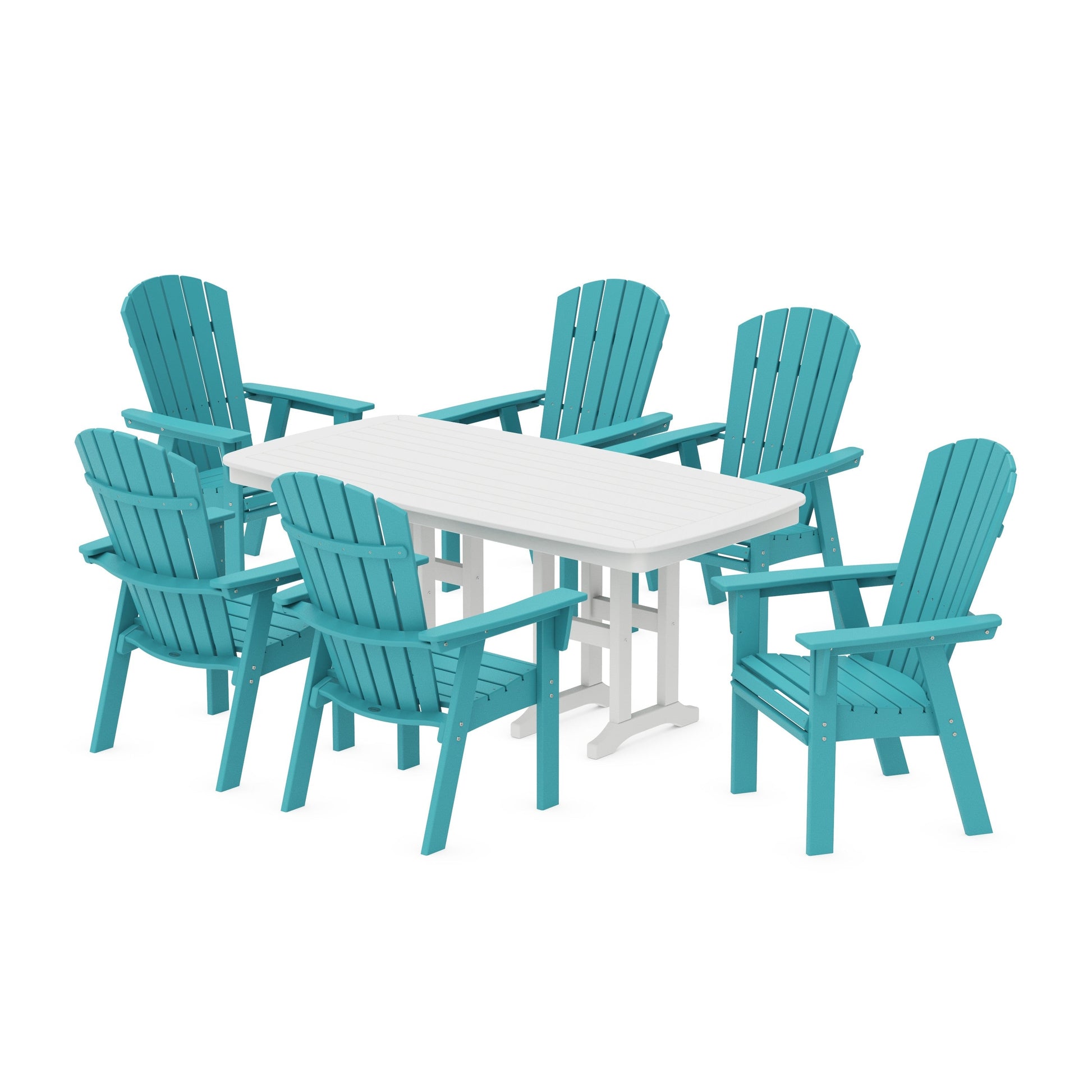 POLYWOOD Nautical Curveback Adirondack 7-Piece Dining Set — Aruba / White