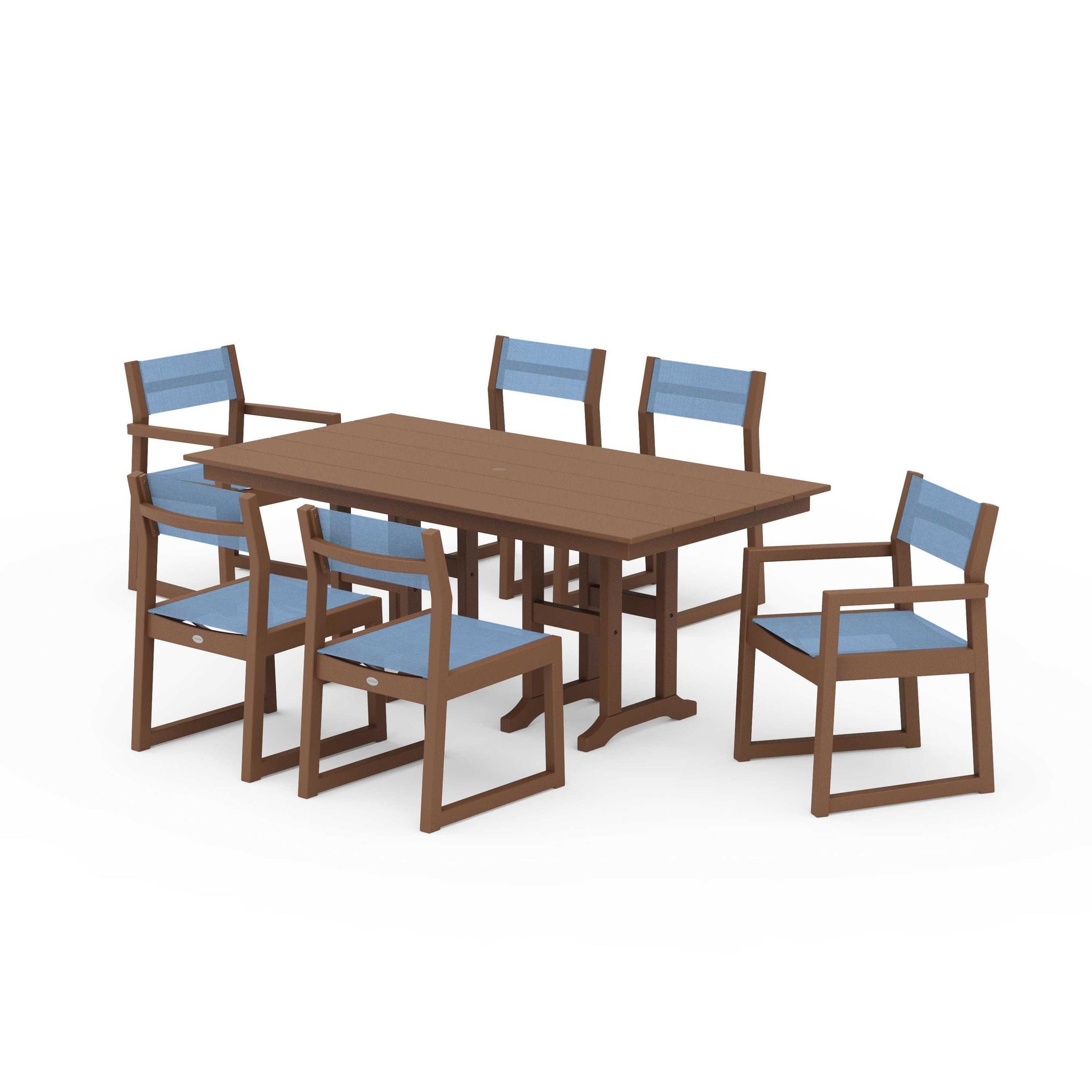 POLYWOOD EDGE Sling 7-Piece Farmhouse Dining Set — Teak / Poolside Sling