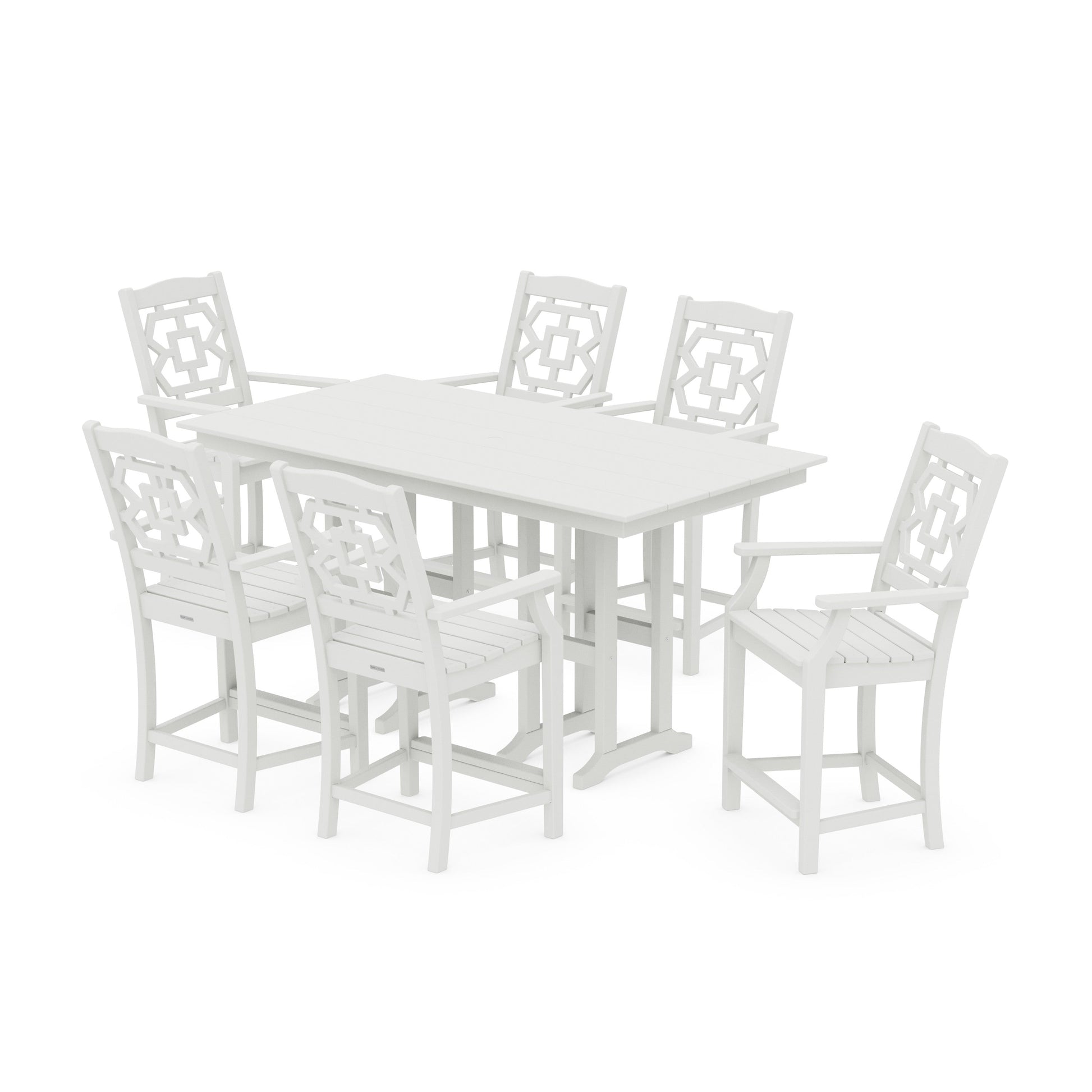 POLYWOOD Chinoiserie Arm Chair 7-Piece Farmhouse Counter Set — Vintage White
