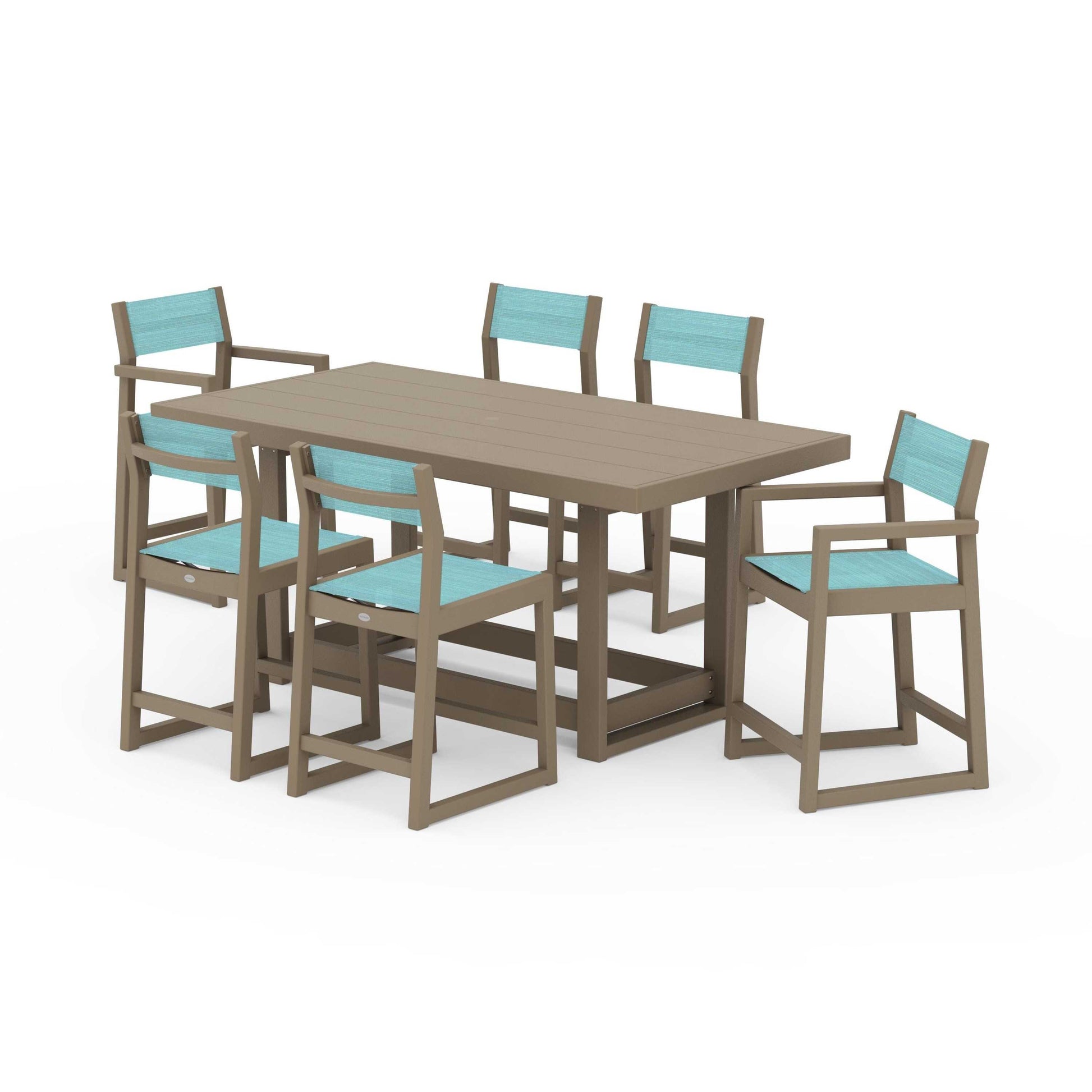 POLYWOOD EDGE Sling 7-Piece Counter Table Set — Vintage Sahara / Dupioni Aquamarine Sling