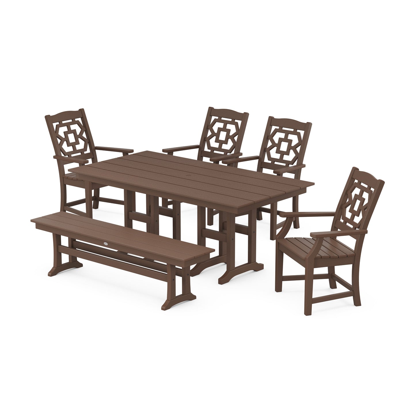 POLYWOOD Chinoiserie 6-Piece Farmhouse Dining Set with Bench — Mahogany
