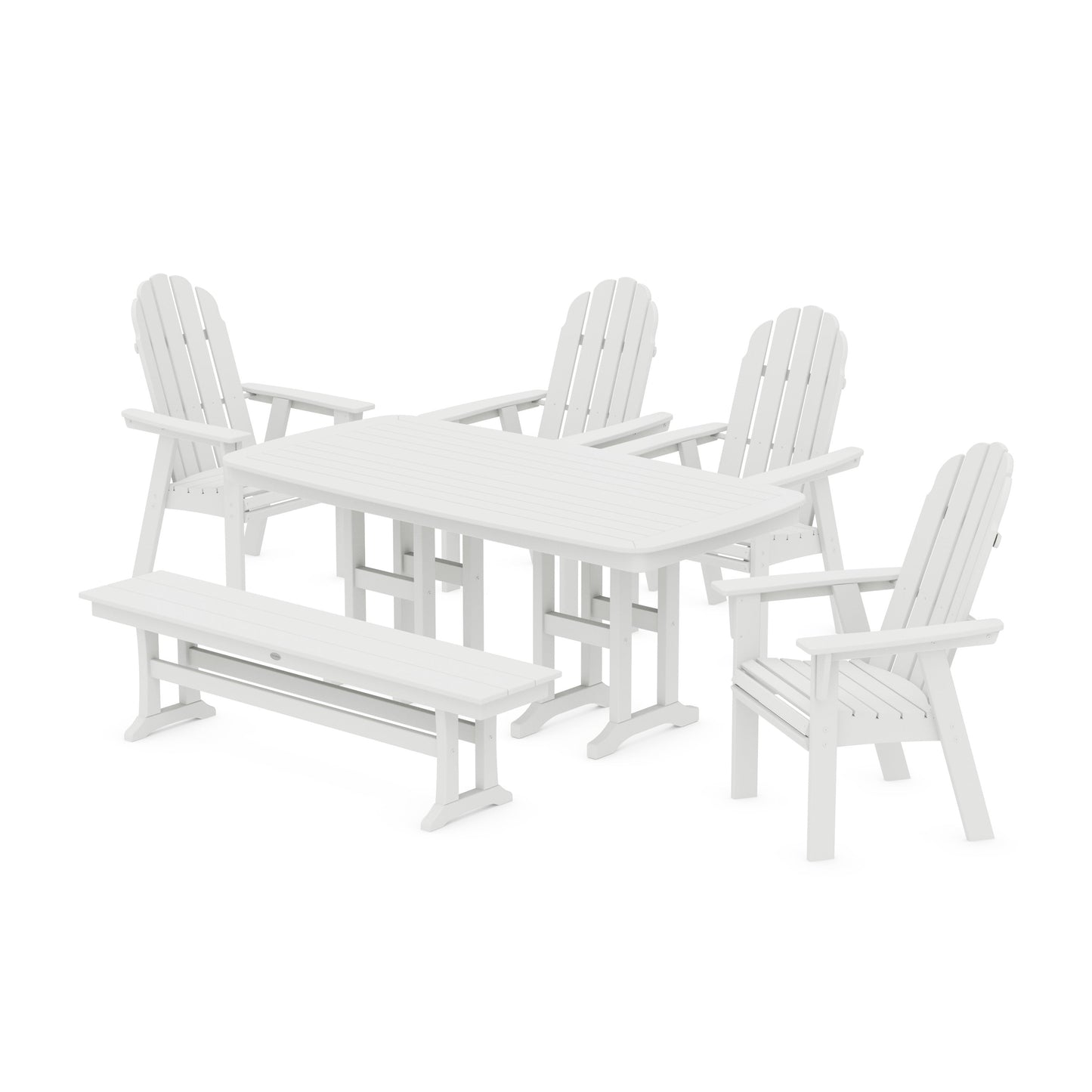 POLYWOOD Vineyard Curveback Adirondack Chair 6-Piece Dining Set with Bench — White