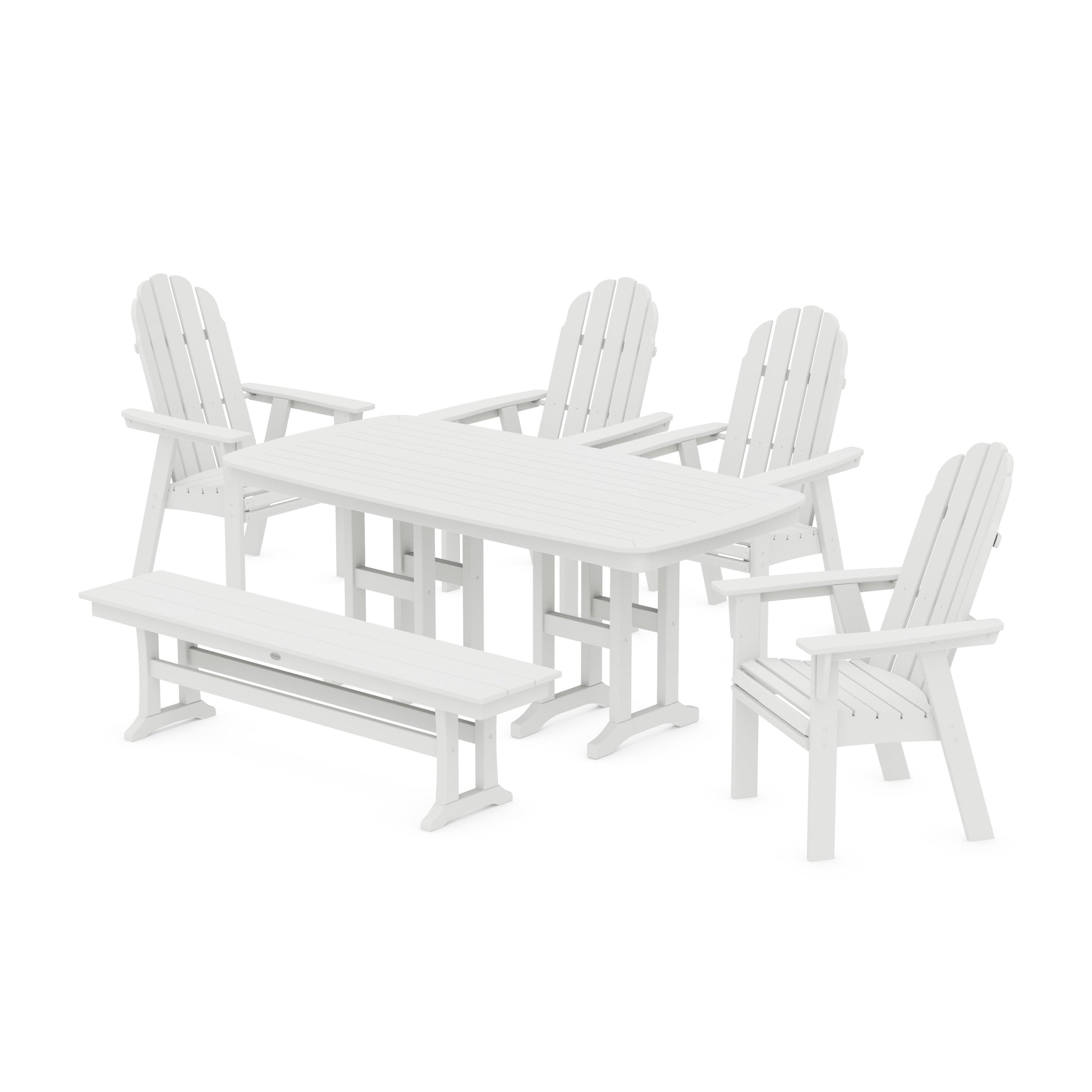 POLYWOOD Vineyard Curveback Adirondack Chair 6-Piece Dining Set with Bench — White