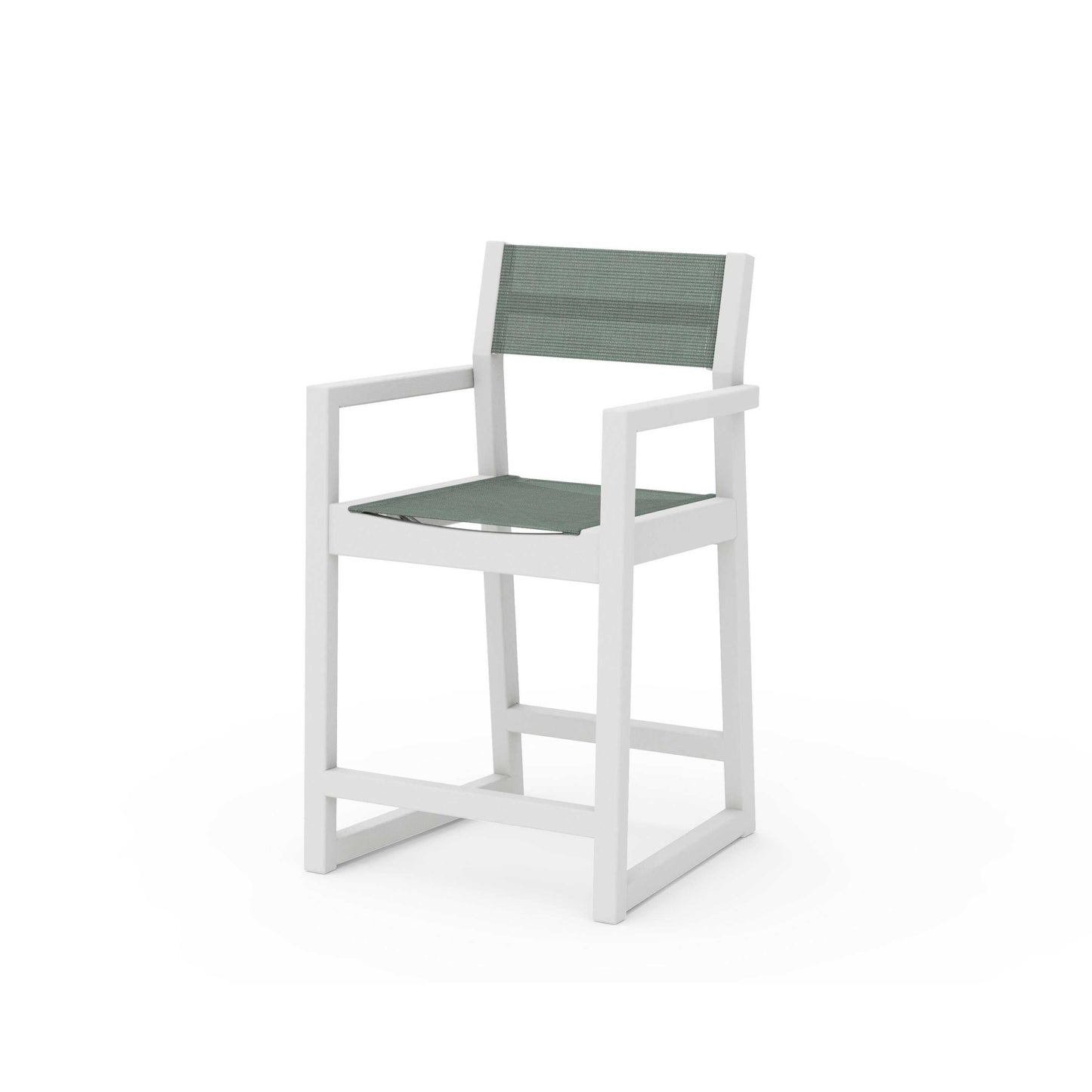 POLYWOOD EDGE Sling Counter Arm Chair — Vintage White / Dupioni Sea Mist Sling