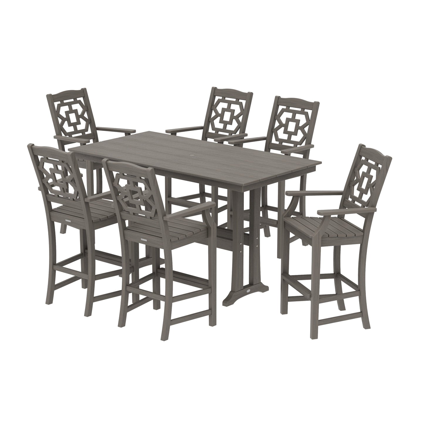 POLYWOOD Chinoiserie Arm Chair 7-Piece Farmhouse Bar Set with Trestle Legs — Driftwood