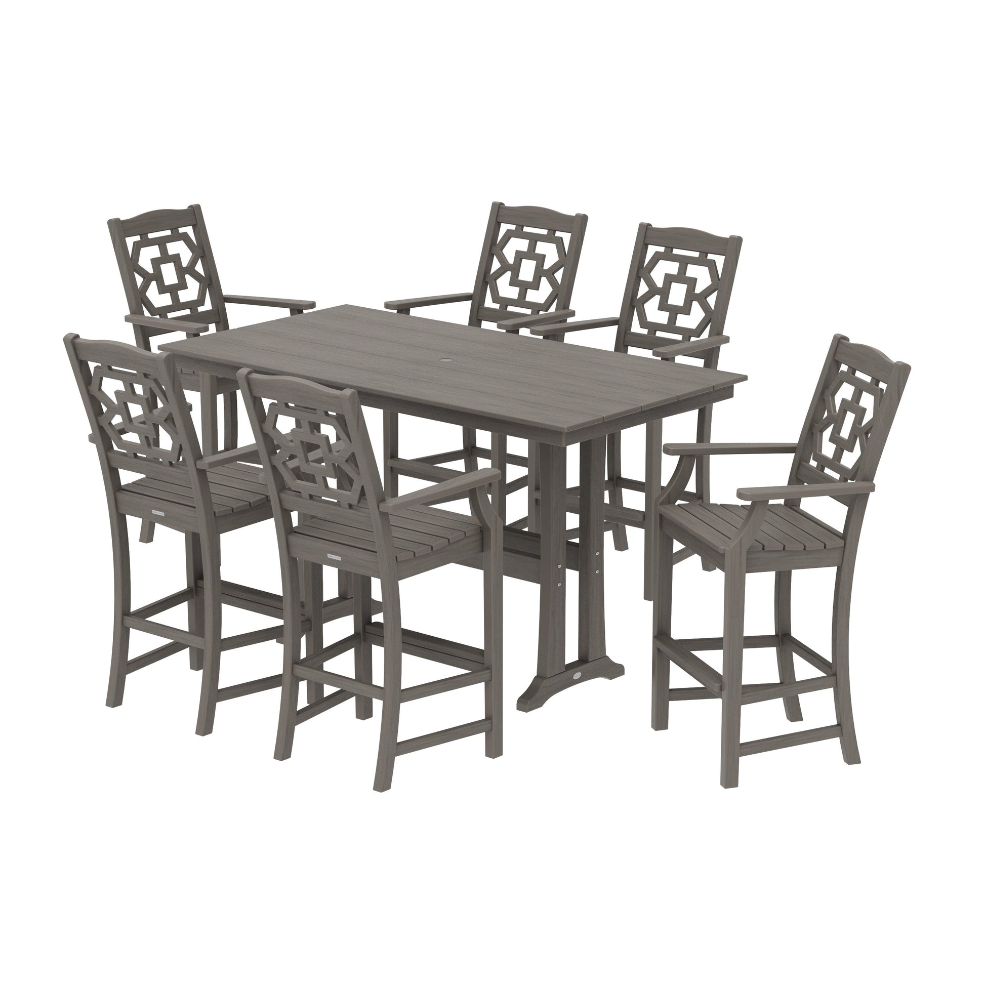 POLYWOOD Chinoiserie Arm Chair 7-Piece Farmhouse Bar Set with Trestle Legs — Driftwood