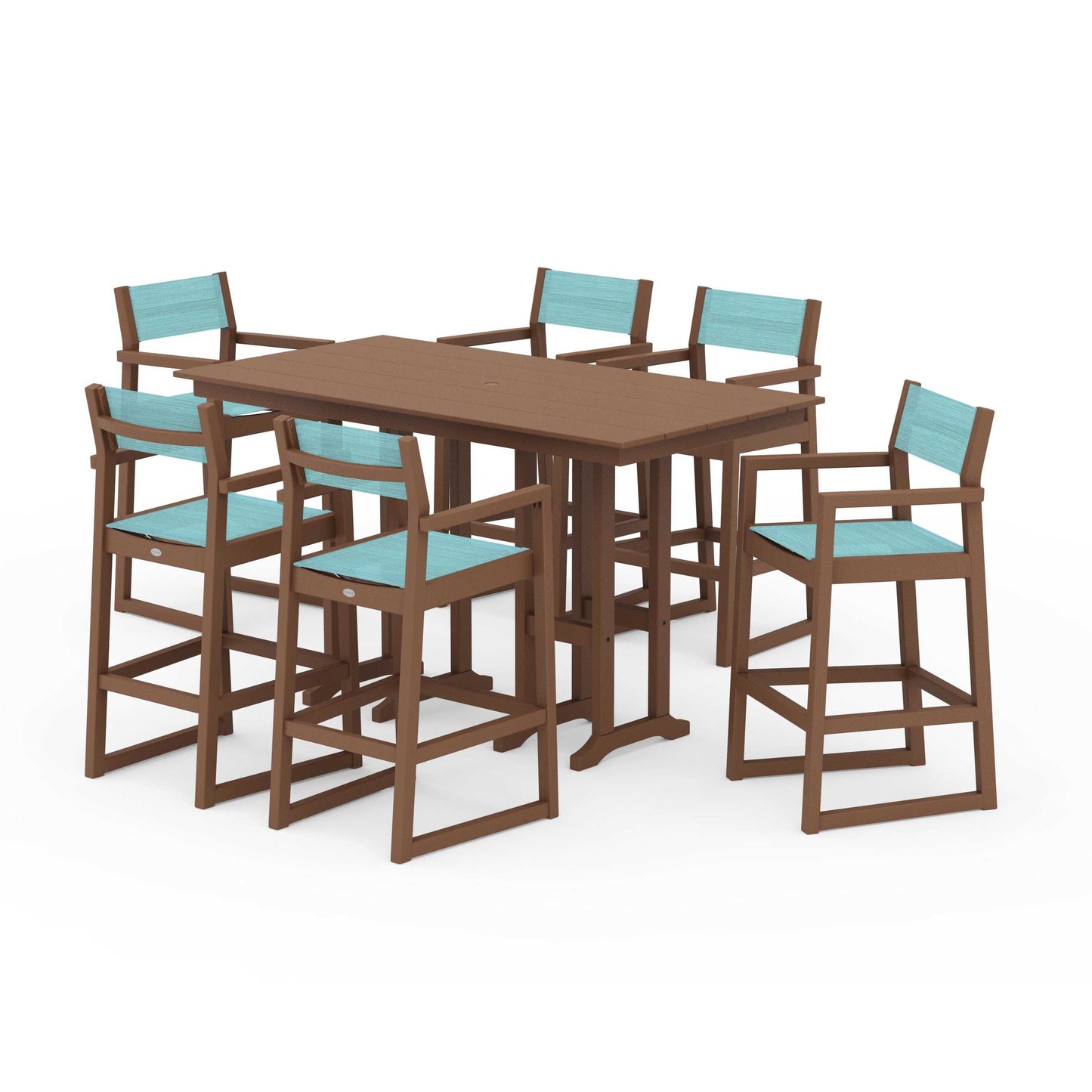 POLYWOOD EDGE Sling Arm Chair 7-Piece Farmhouse Bar Set — Teak / Dupioni Aquamarine Sling