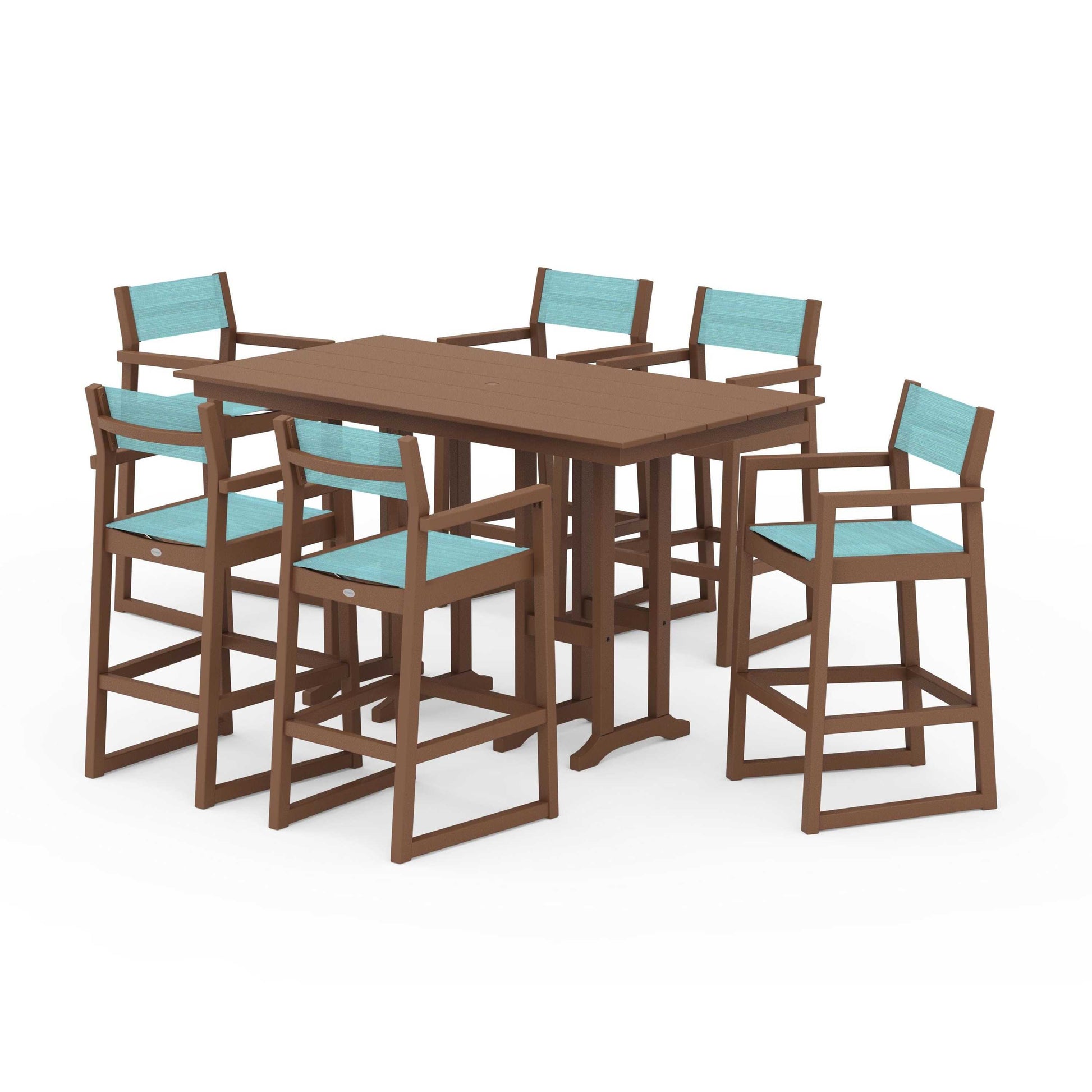POLYWOOD EDGE Sling Arm Chair 7-Piece Farmhouse Bar Set — Teak / Dupioni Aquamarine Sling