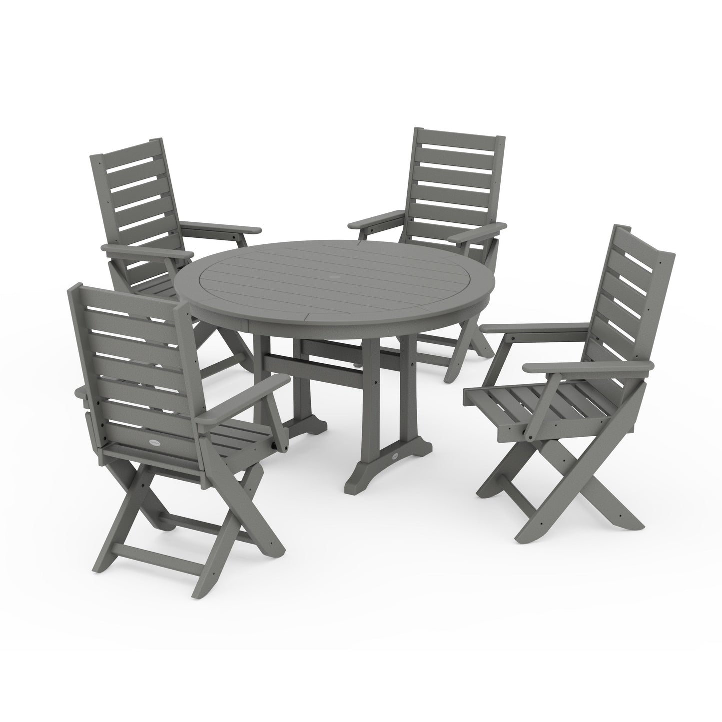 POLYWOOD Captain Folding Chair 5-Piece Round Dining Set with Trestle Legs — Slate Grey