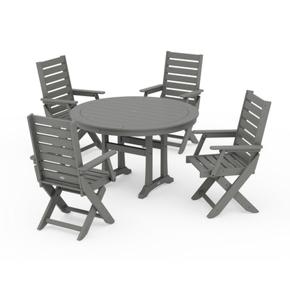 POLYWOOD Captain Folding Chair 5-Piece Round Dining Set with Trestle Legs — Slate Grey