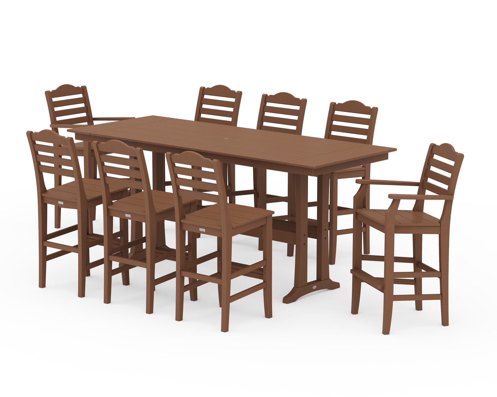 POLYWOOD Savannah 9-Piece Farmhouse Bar Set with Trestle Legs — Teak