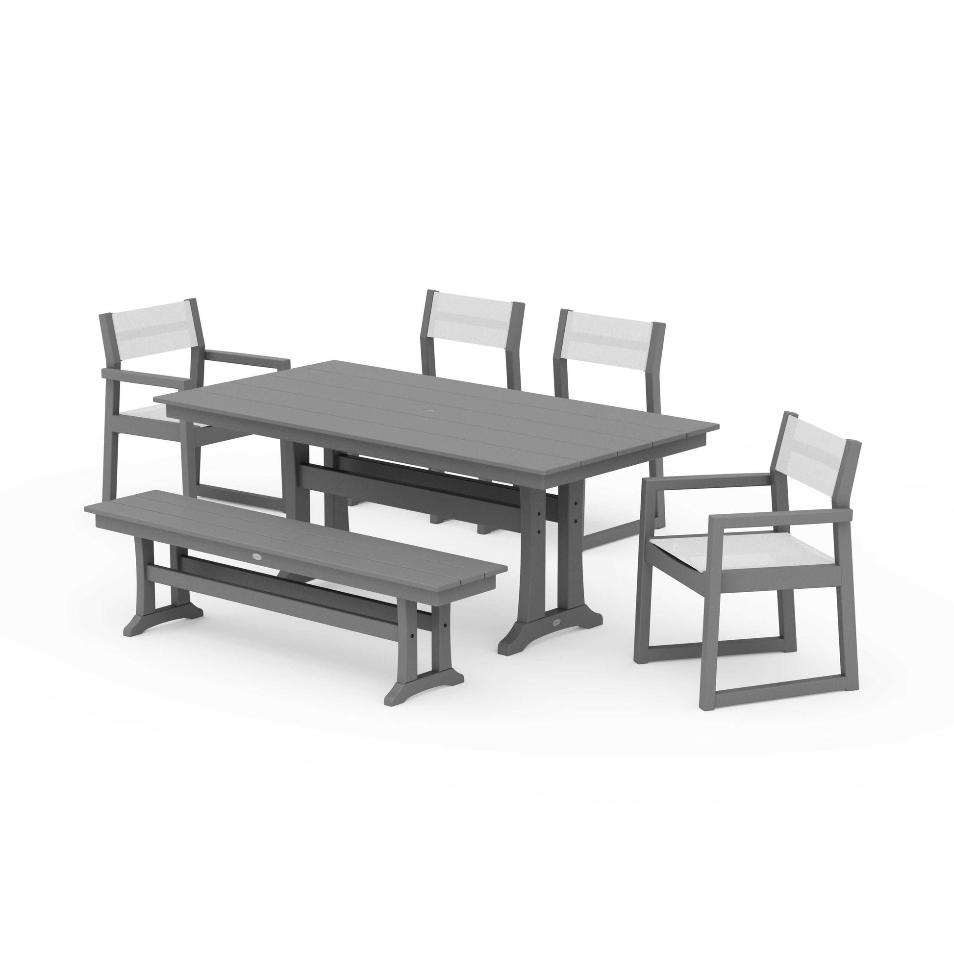 POLYWOOD EDGE Sling 6-Piece Farmhouse Dining Set With Trestle Legs — Slate Grey / White Sling
