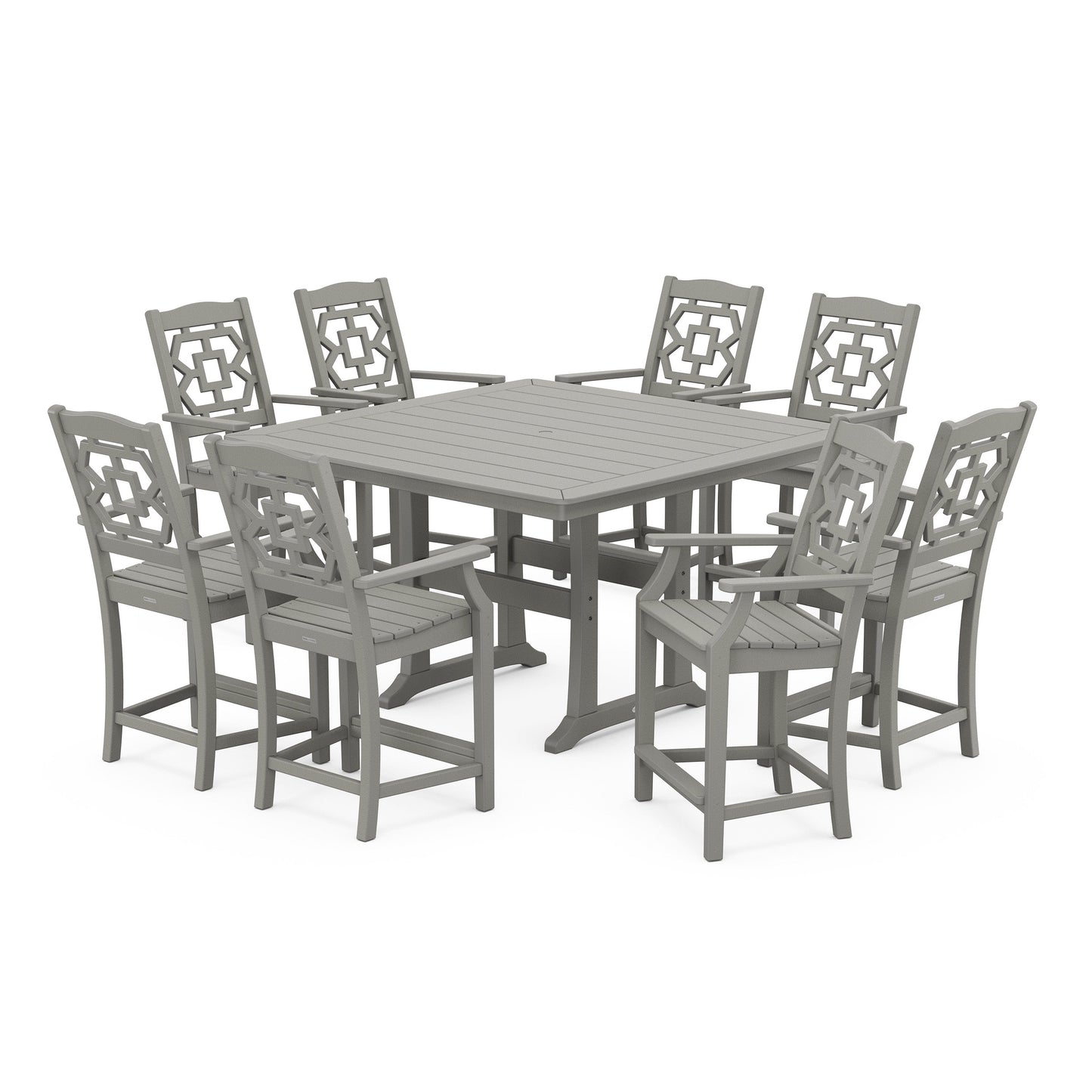POLYWOOD Chinoiserie 9-Piece Square Counter Set with Trestle Legs — Slate Grey