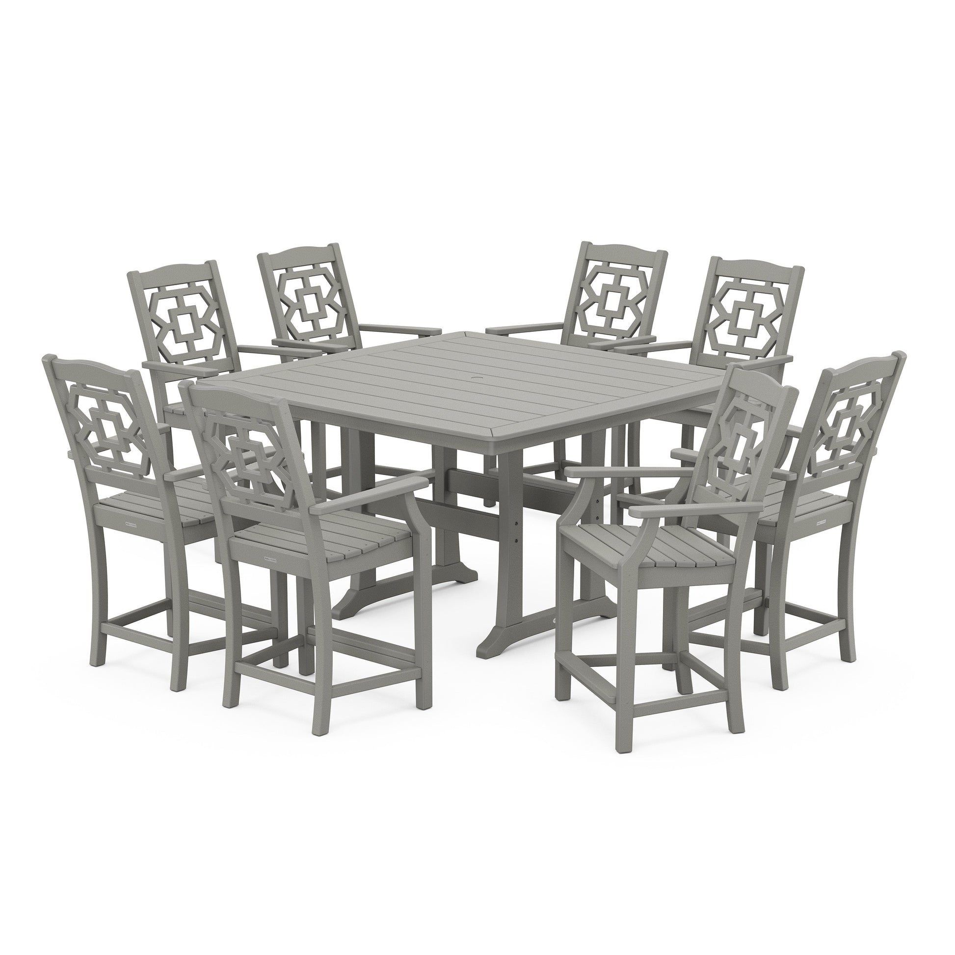 POLYWOOD Chinoiserie 9-Piece Square Counter Set with Trestle Legs — Slate Grey