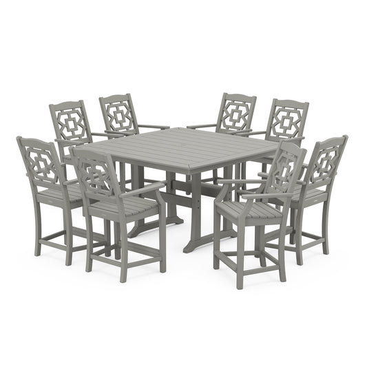POLYWOOD Chinoiserie 9-Piece Square Counter Set with Trestle Legs — Slate Grey