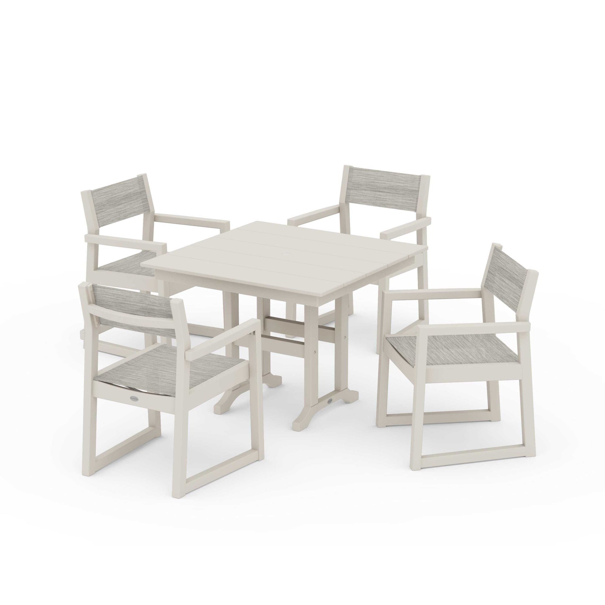 POLYWOOD EDGE Sling Arm Chair 5-Piece Farmhouse Dining Set — Sand / Birch Sling