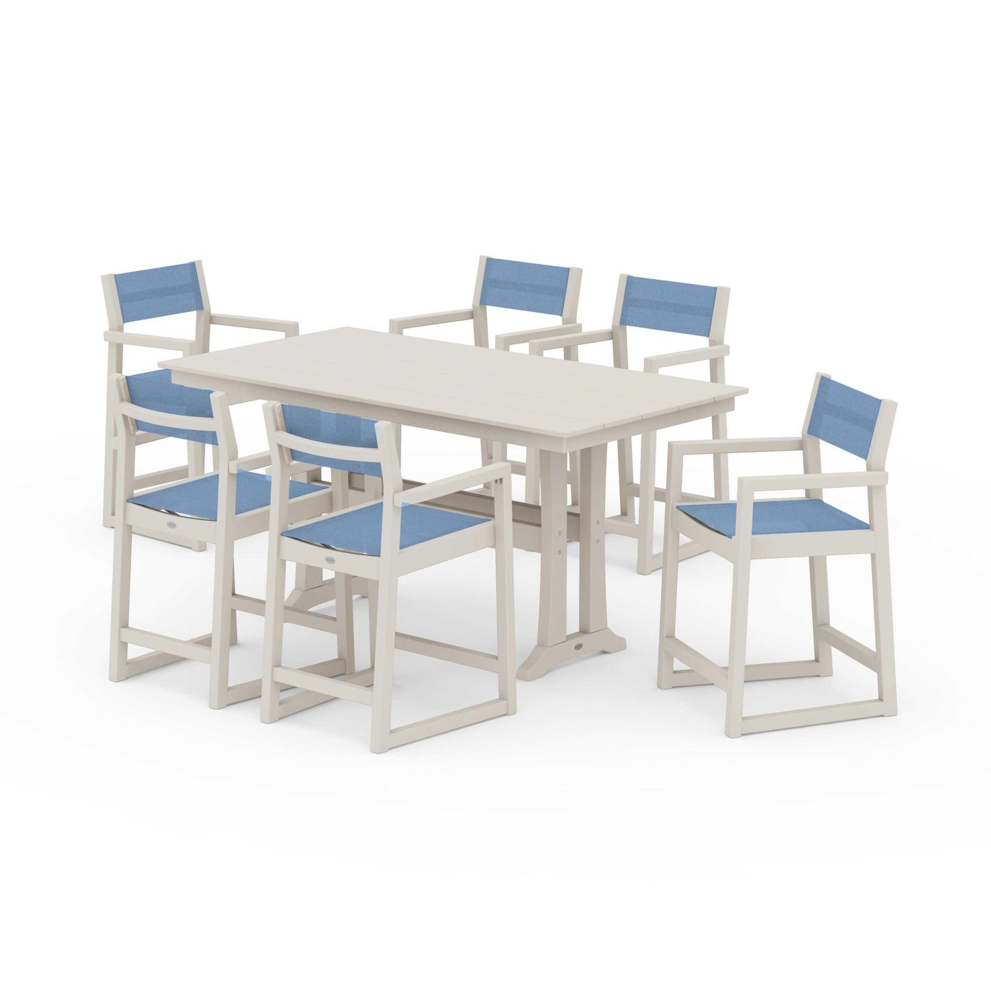 POLYWOOD EDGE Sling Arm Chair 7-Piece Farmhouse Counter Set with Trestle Legs — Sand / Poolside Sling