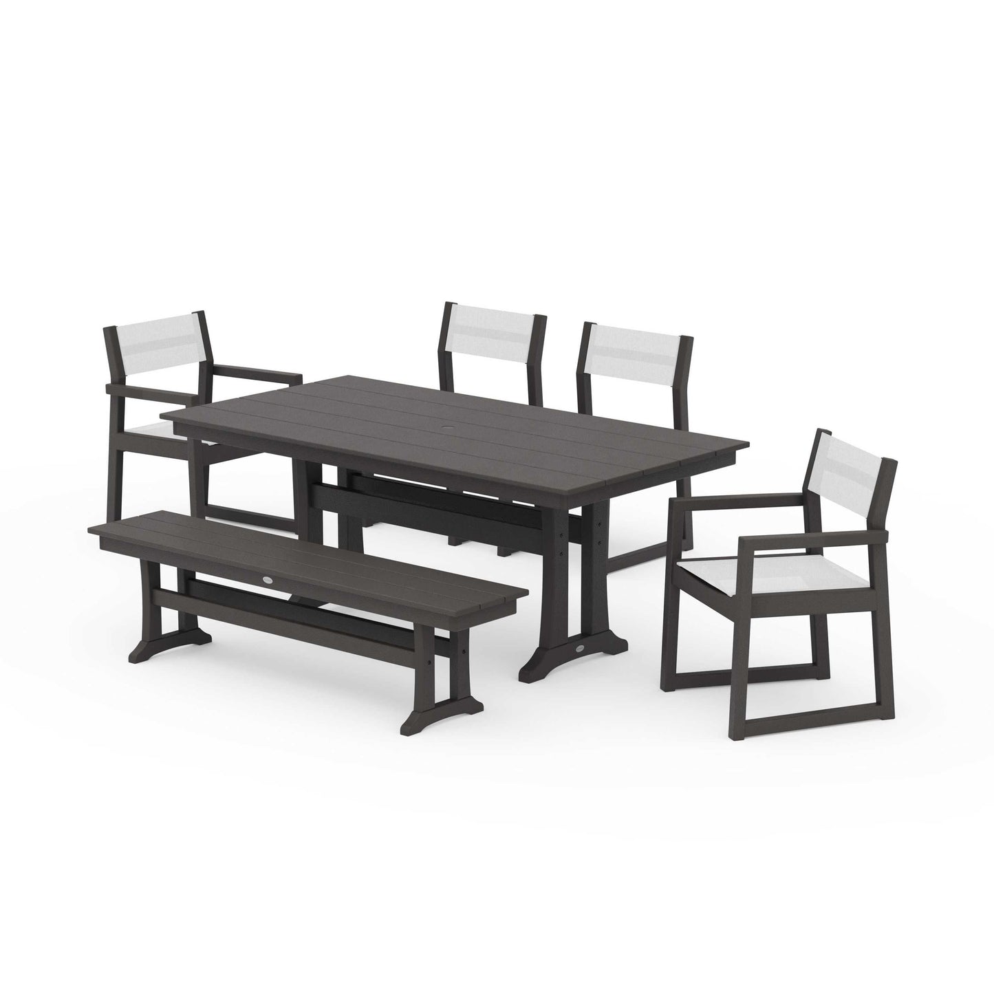 POLYWOOD EDGE Sling 6-Piece Farmhouse Dining Set With Trestle Legs — Vintage Coffee / White Sling