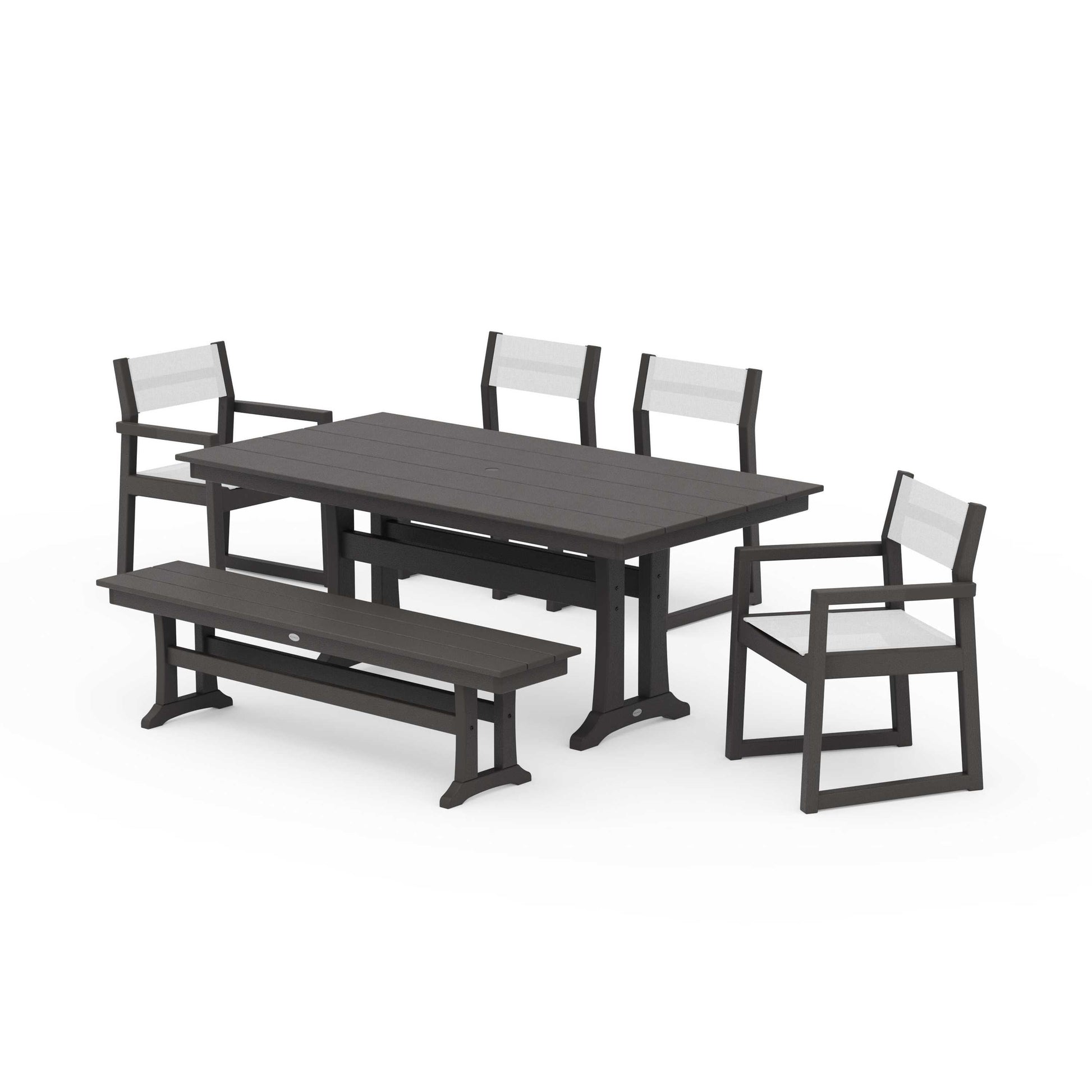 POLYWOOD EDGE Sling 6-Piece Farmhouse Dining Set With Trestle Legs — Vintage Coffee / White Sling