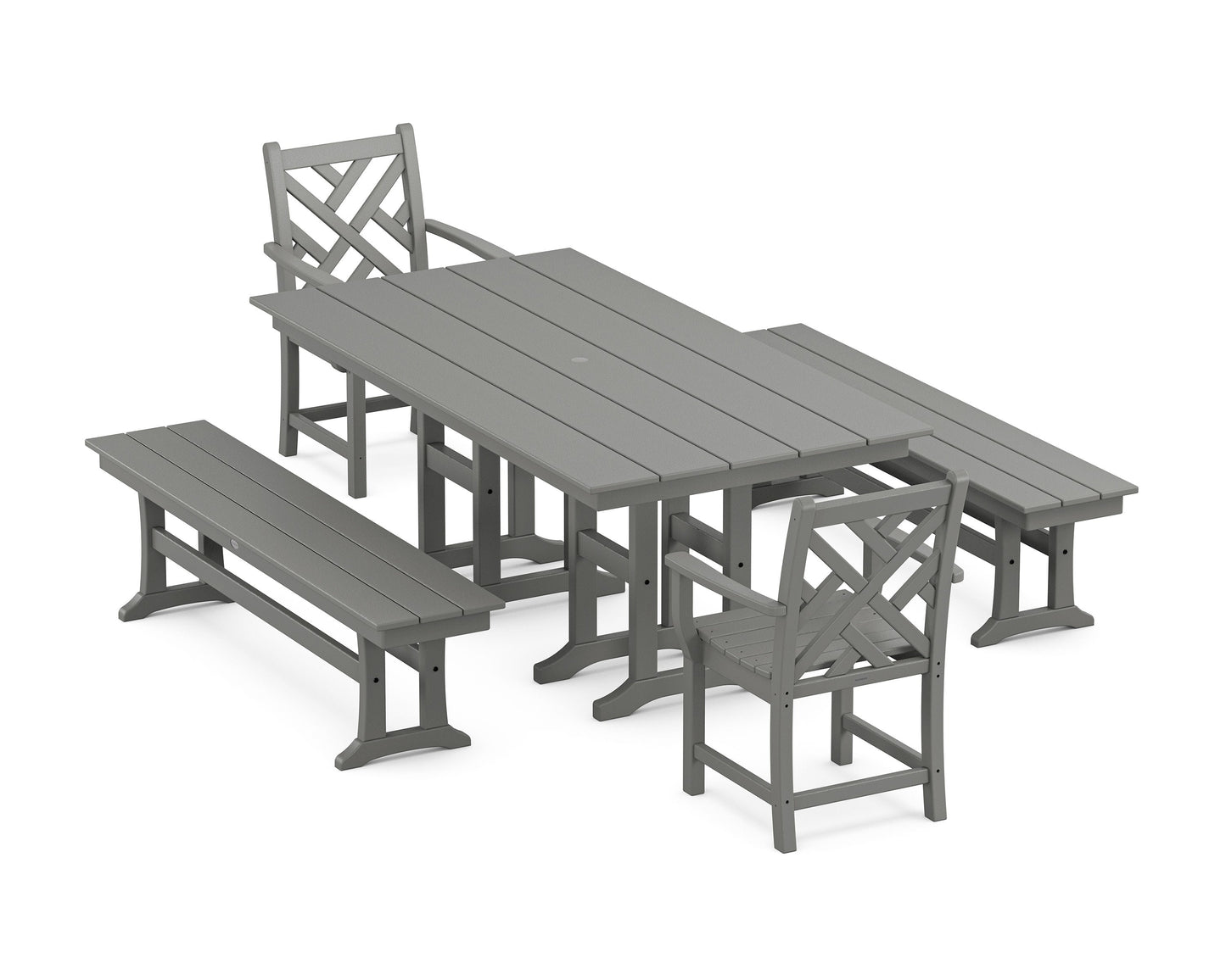 POLYWOOD Chippendale 5-Piece Farmhouse Dining Set with Benches — Slate Grey