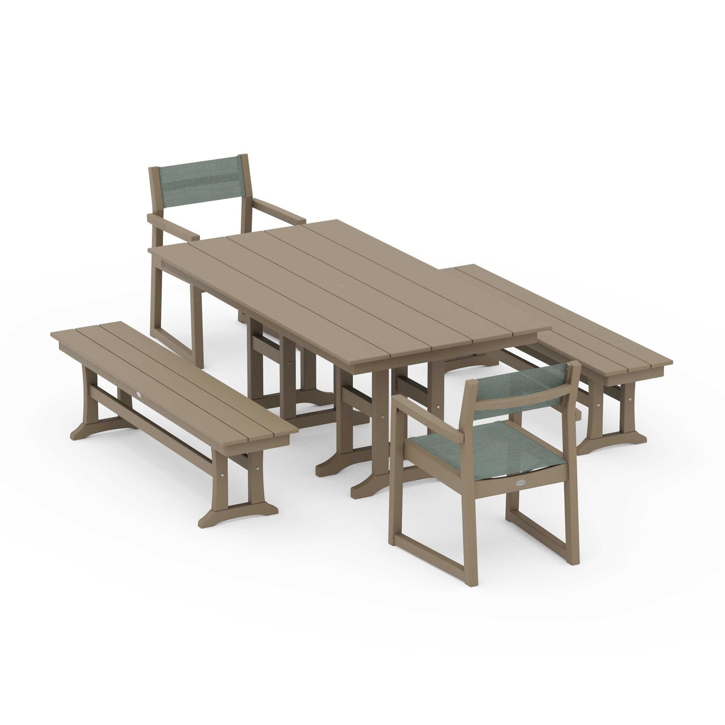 POLYWOOD EDGE Sling Arm Chair 5-Piece Farmhouse Dining Set with Benches — Vintage Sahara / Dupioni Sea Mist Sling