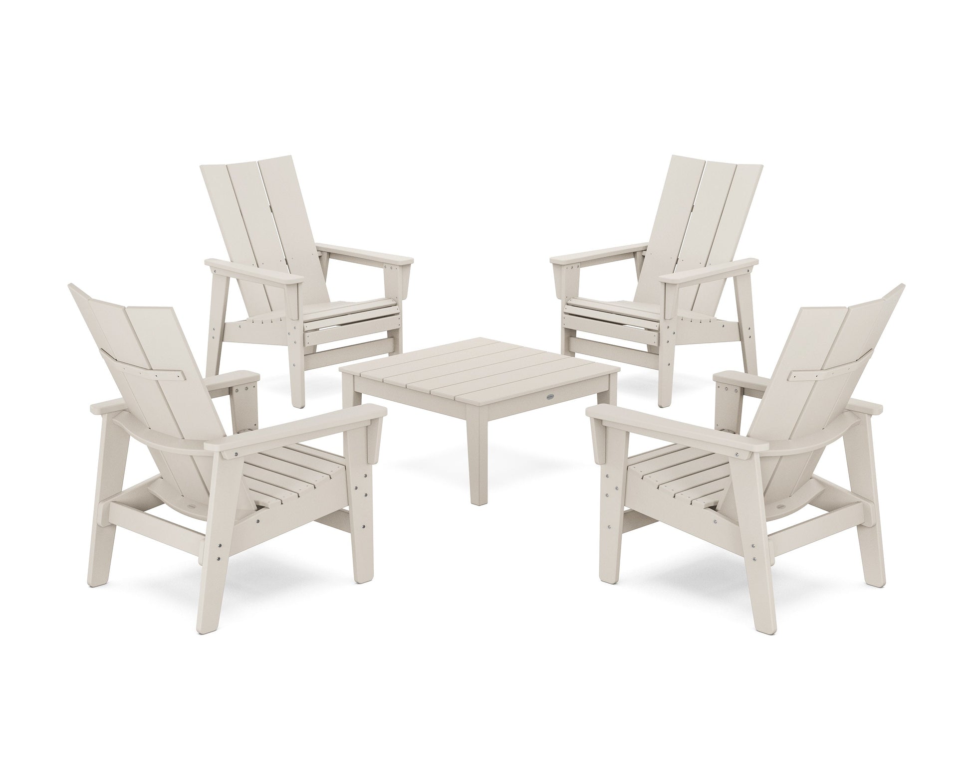 POLYWOOD 5-Piece Modern Grand Upright Adirondack Chair Conversation Group — Sand