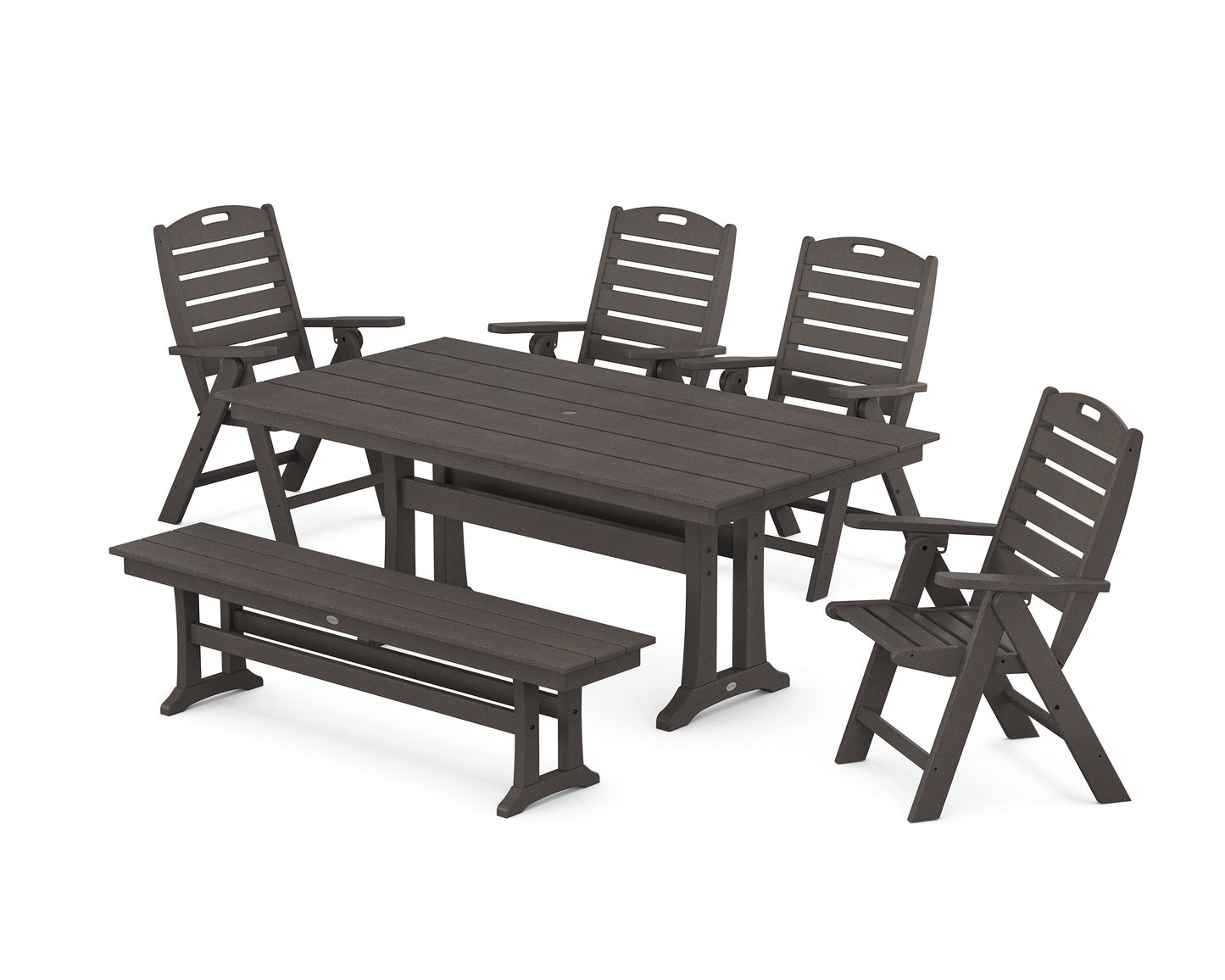 POLYWOOD Nautical Highback 6-Piece Farmhouse Dining Set with Trestle Legs and Bench — Vintage Coffee