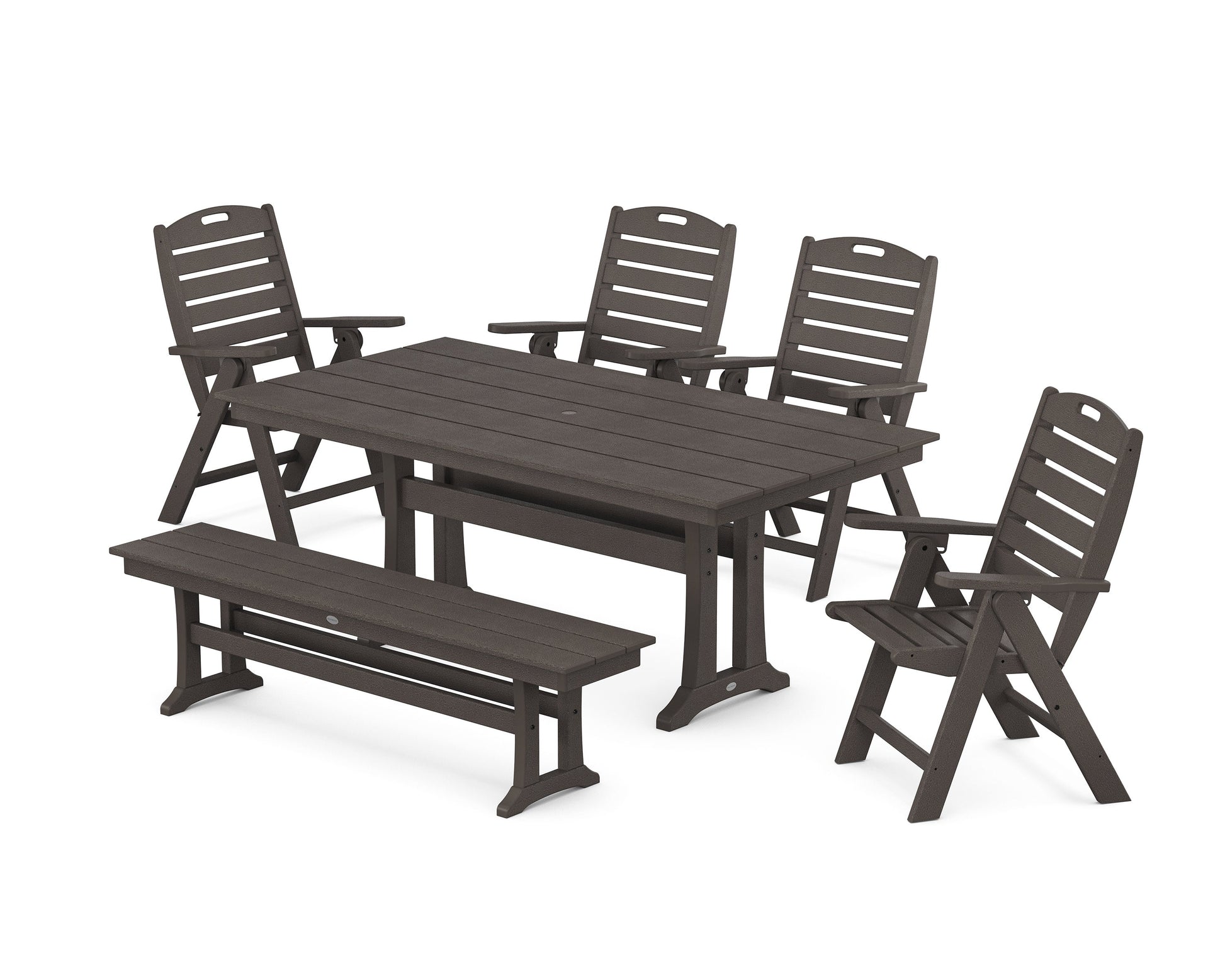POLYWOOD Nautical Highback 6-Piece Farmhouse Dining Set with Trestle Legs and Bench — Vintage Coffee