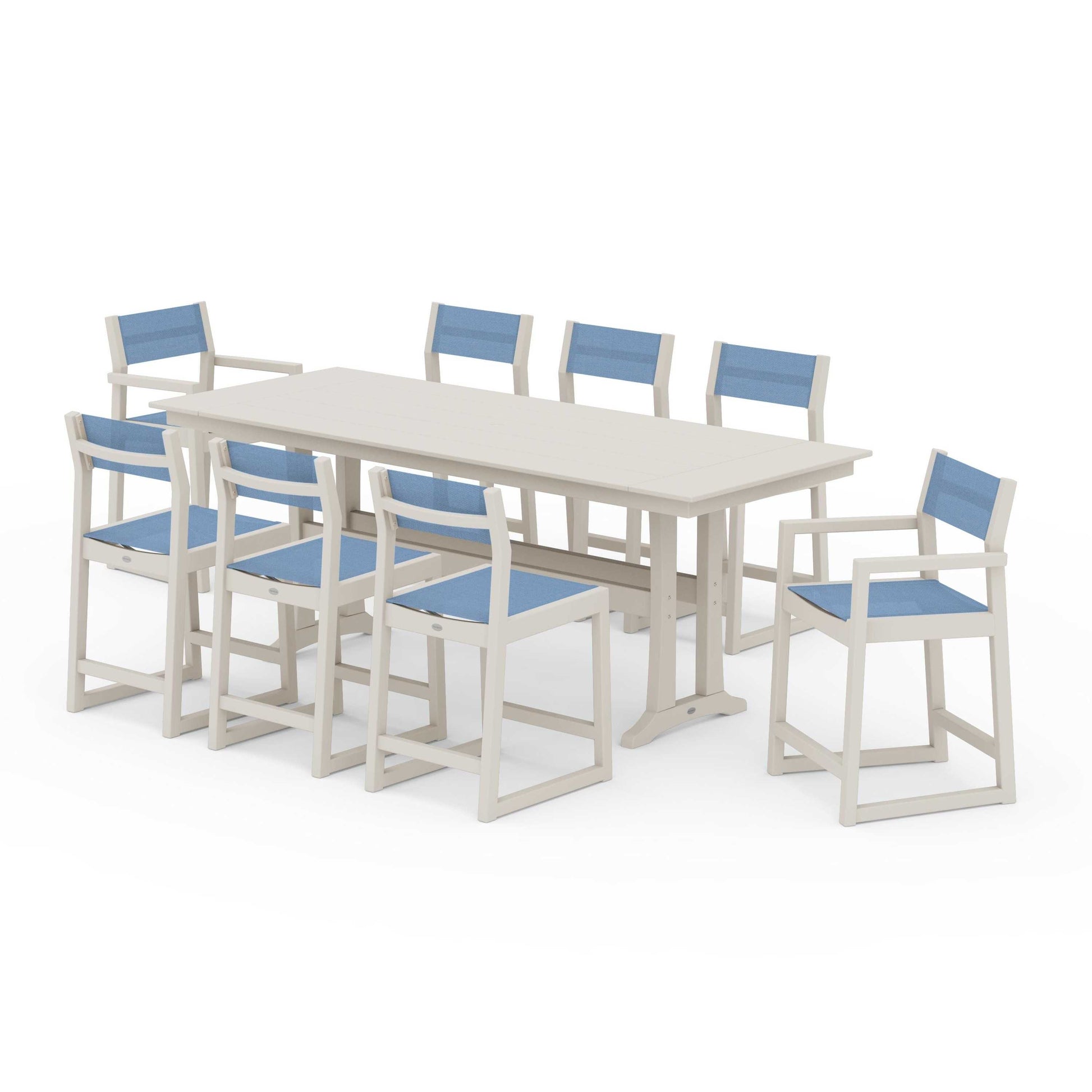 POLYWOOD EDGE Sling 9-Piece Farmhouse Counter Set with Trestle Legs — Sand / Poolside Sling