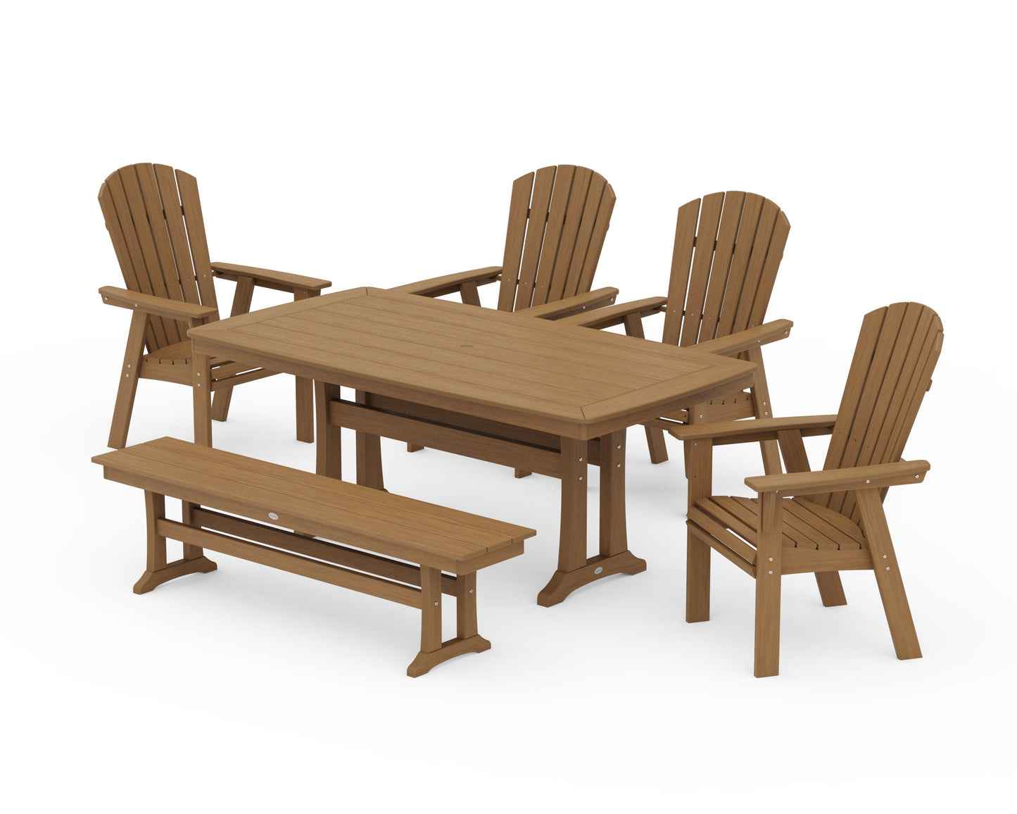 POLYWOOD Nautical Curveback Adirondack 6-Piece Dining Set with Trestle Legs and Bench — Natural