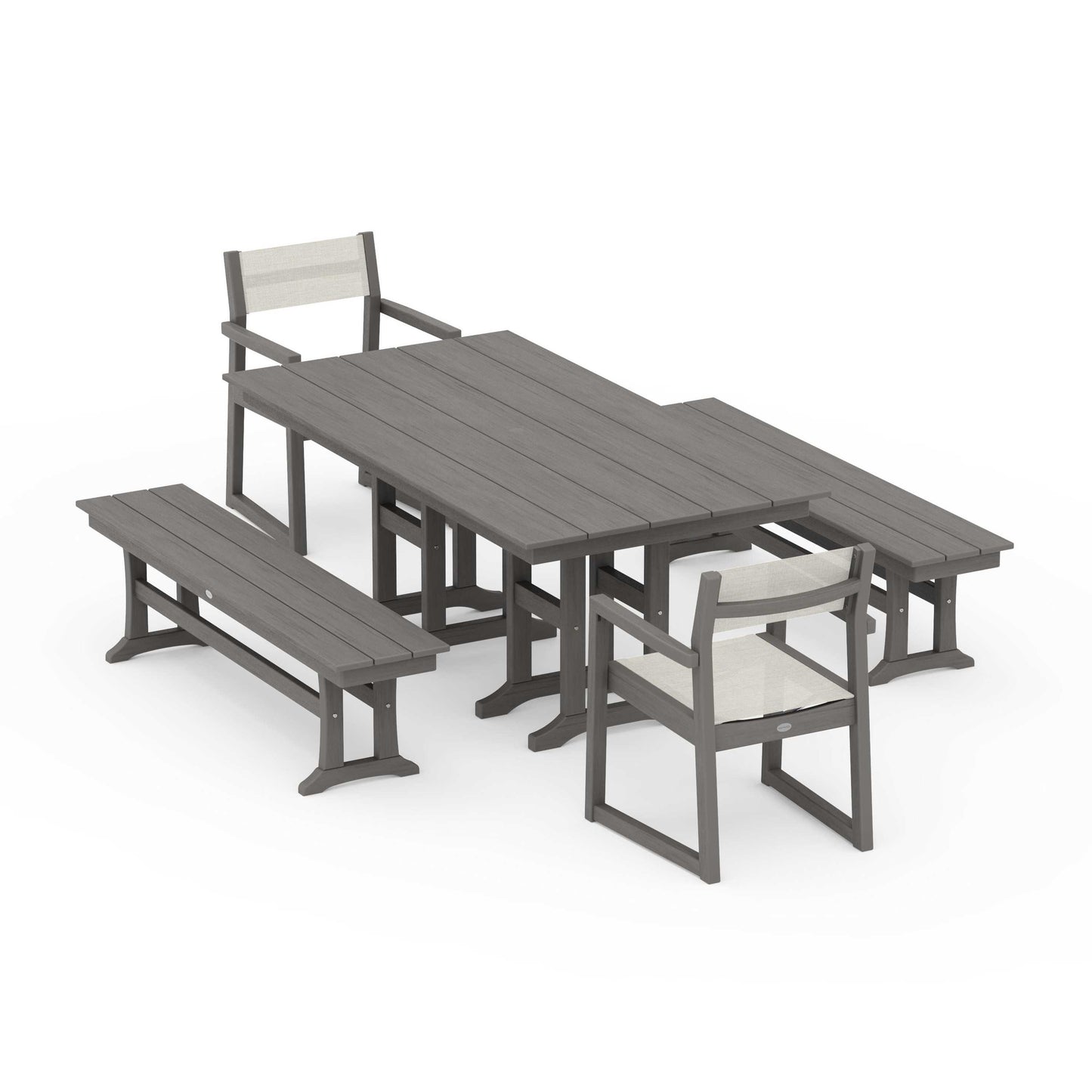 POLYWOOD EDGE Sling Arm Chair 5-Piece Farmhouse Dining Set with Benches — Driftwood / Parchment Sling