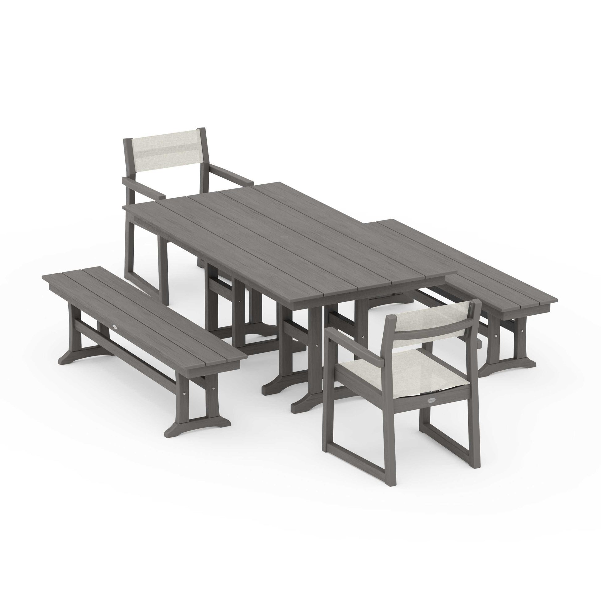 POLYWOOD EDGE Sling Arm Chair 5-Piece Farmhouse Dining Set with Benches — Driftwood / Parchment Sling