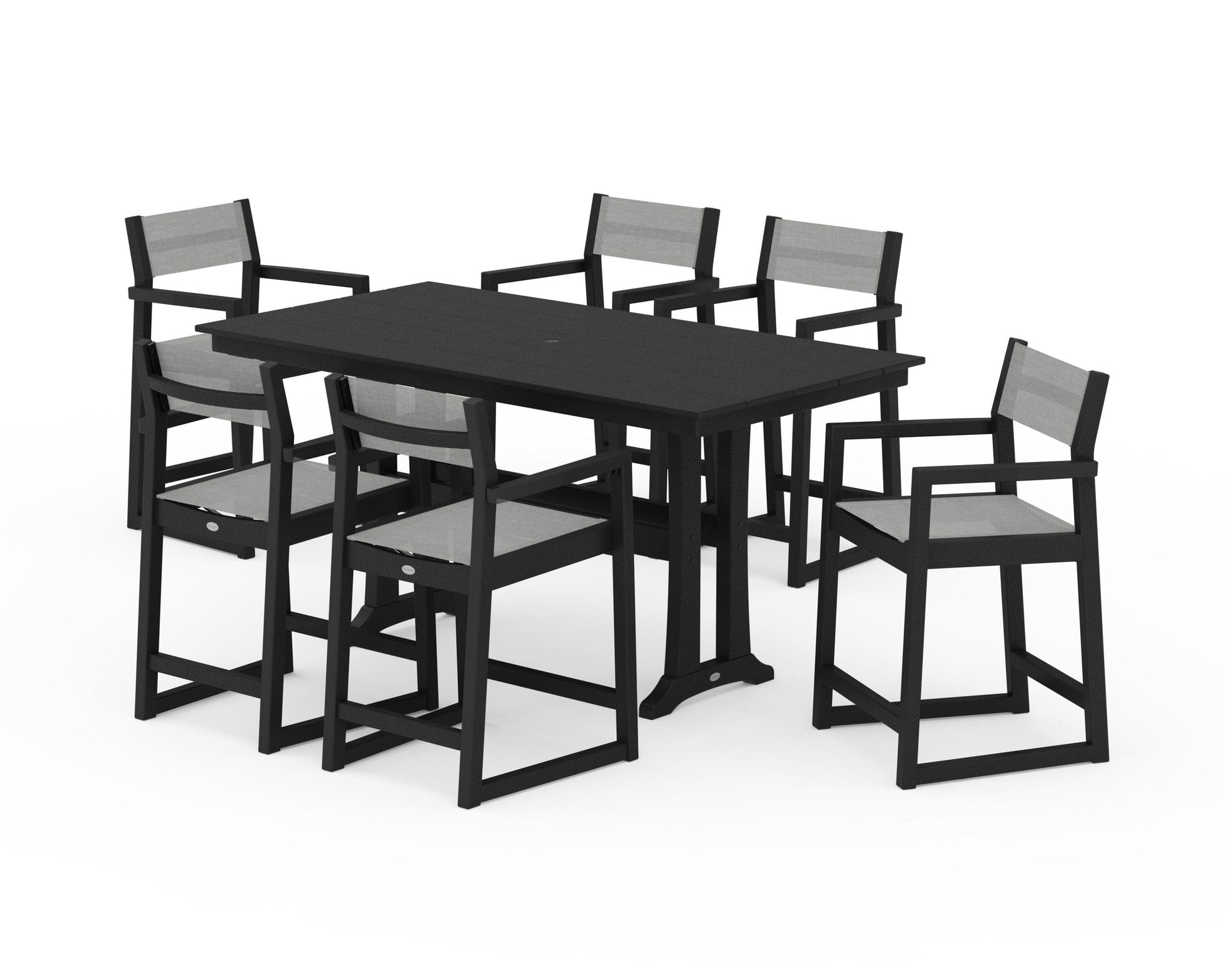 POLYWOOD EDGE Sling Arm Chair 7-Piece Farmhouse Counter Set with Trestle Legs — Black / Metallic Sling