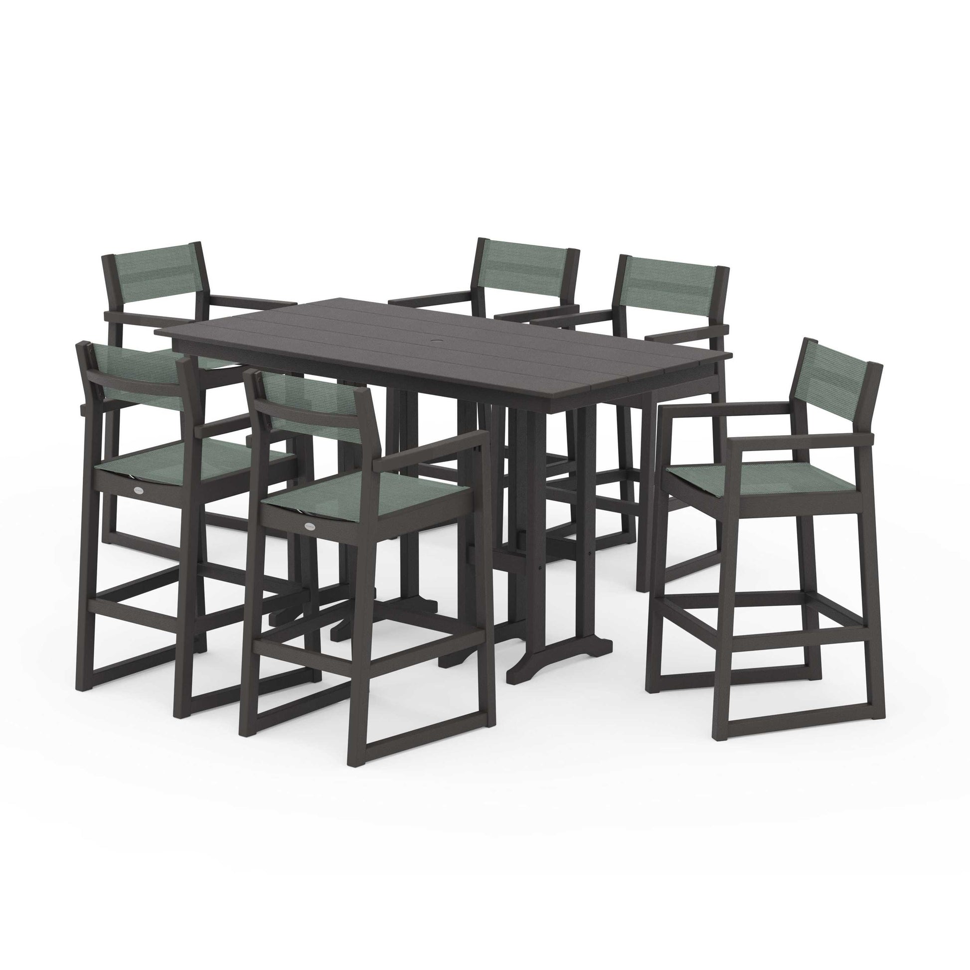 POLYWOOD EDGE Sling Arm Chair 7-Piece Farmhouse Bar Set — Vintage Coffee / Dupioni Sea Mist Sling