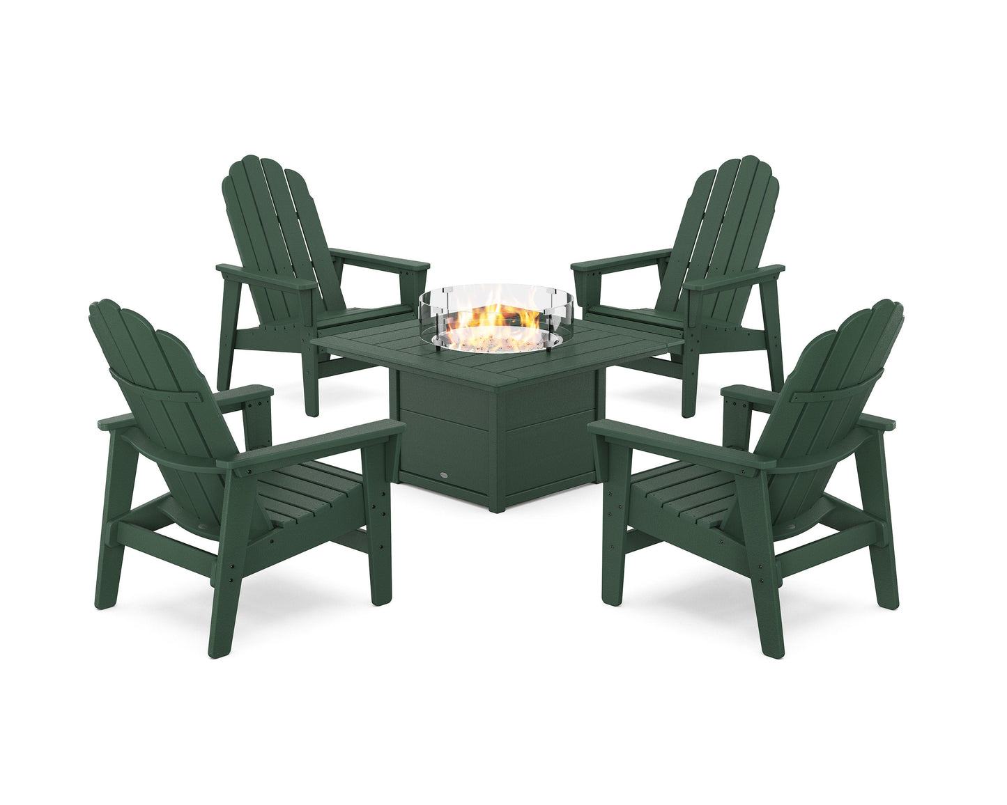 POLYWOOD 5-Piece Vineyard Grand Upright Adirondack Conversation Set with Fire Pit Table — Green