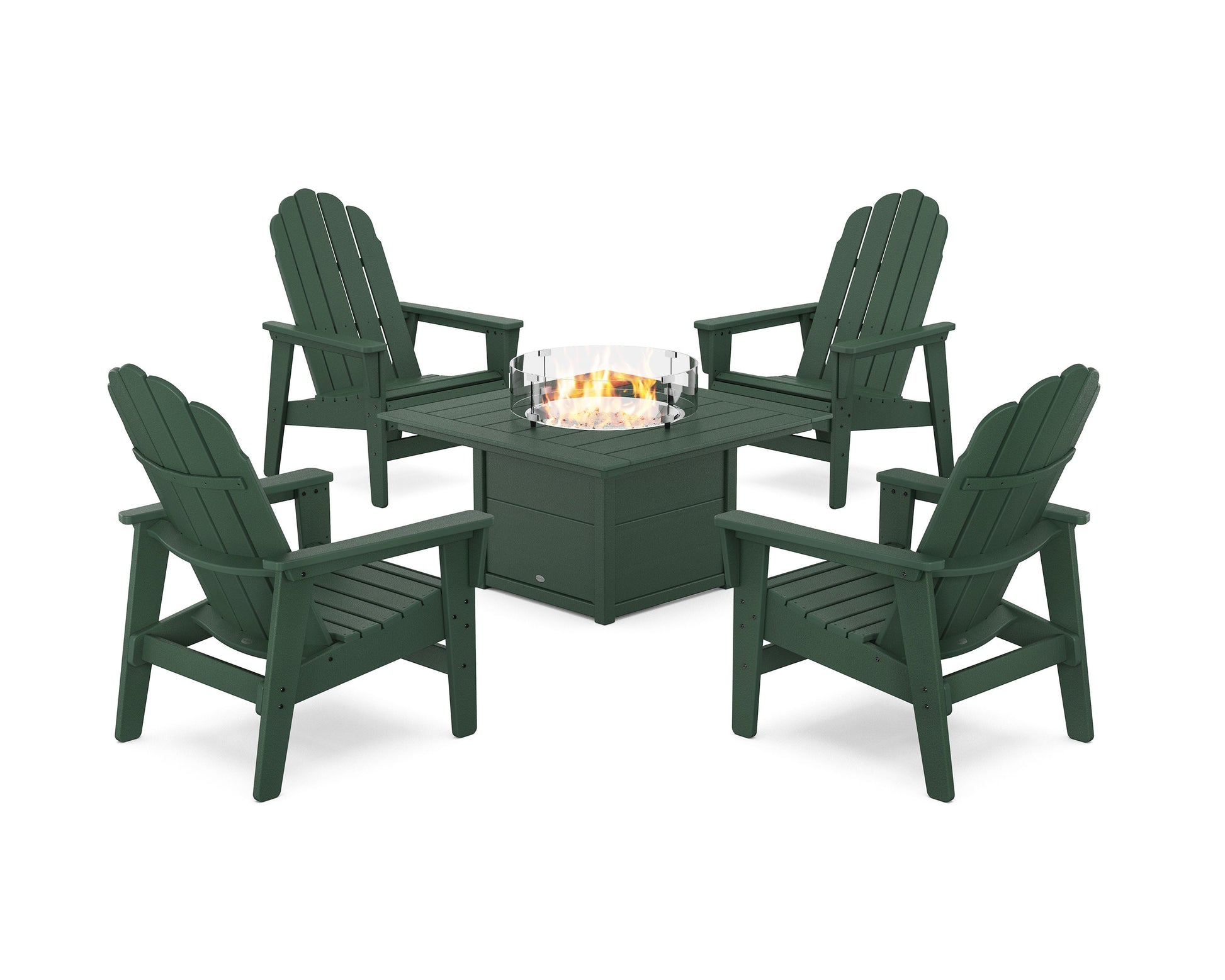 POLYWOOD 5-Piece Vineyard Grand Upright Adirondack Conversation Set with Fire Pit Table — Green