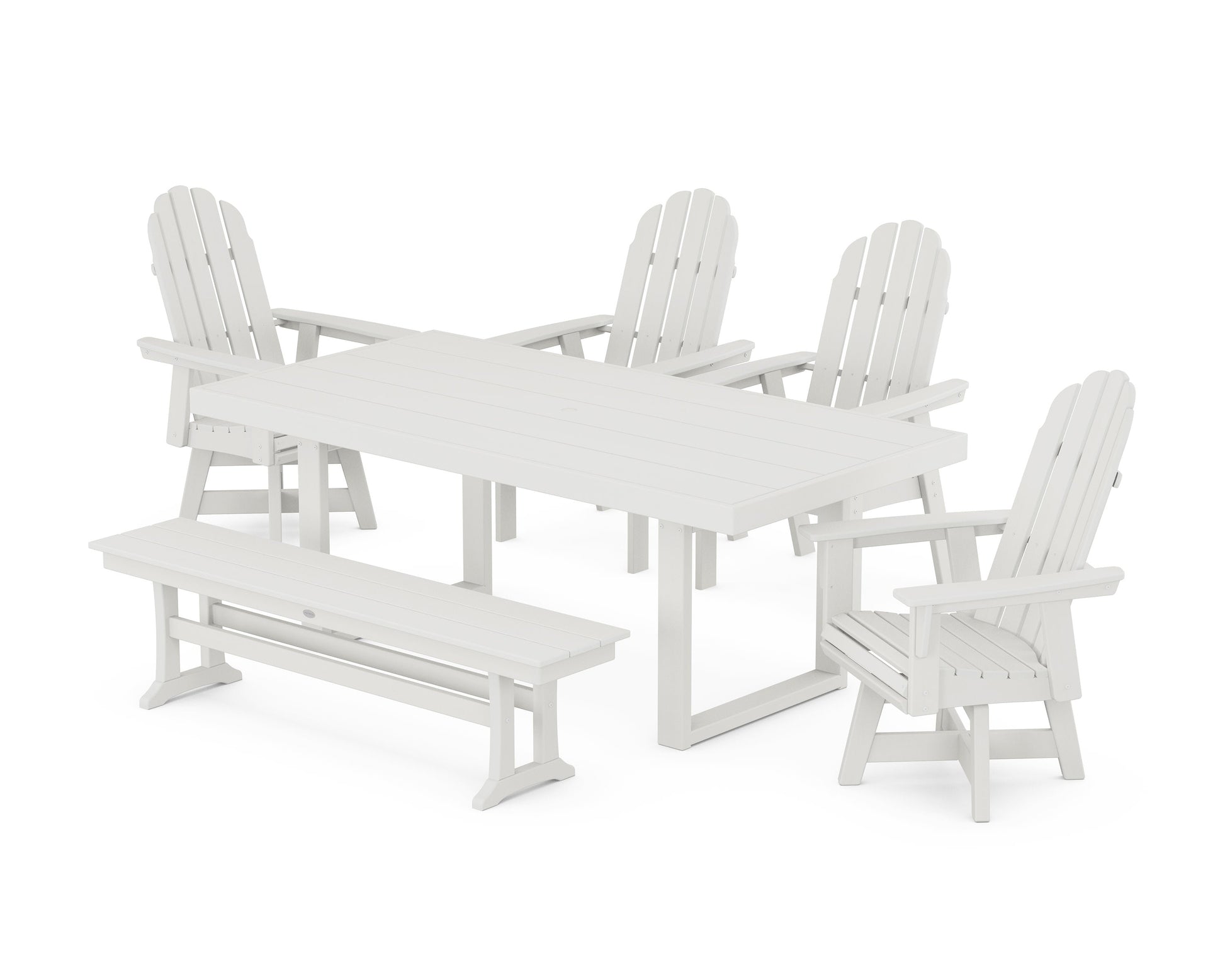 POLYWOOD Vineyard Curveback Adirondack Swivel Chair 6-Piece Dining Set with Bench — Vintage White
