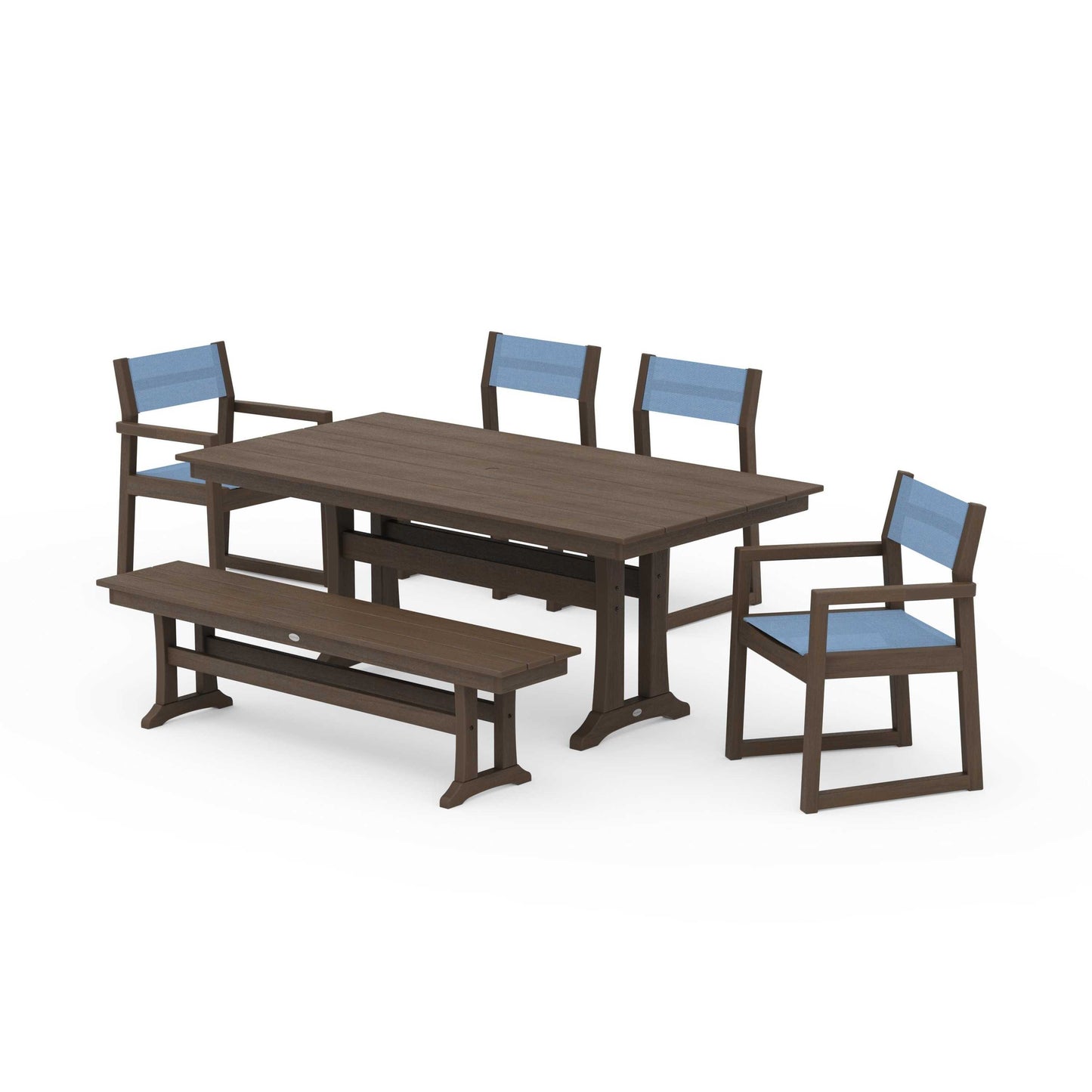 POLYWOOD EDGE Sling 6-Piece Farmhouse Dining Set With Trestle Legs — Kona / Poolside Sling